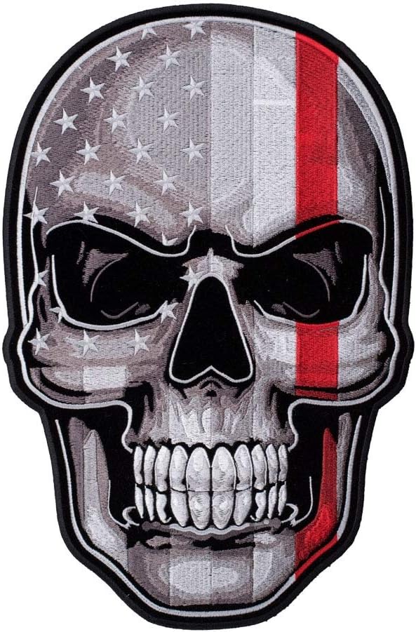 PatchStop Thin Red Line US Flag Skull Gray Iron On Patches for Clothing Jeans - 8.5x13in X-Large DIY Sew On Back Patch for Jackets Bags - Embroidered Decorative Firefighter Patches