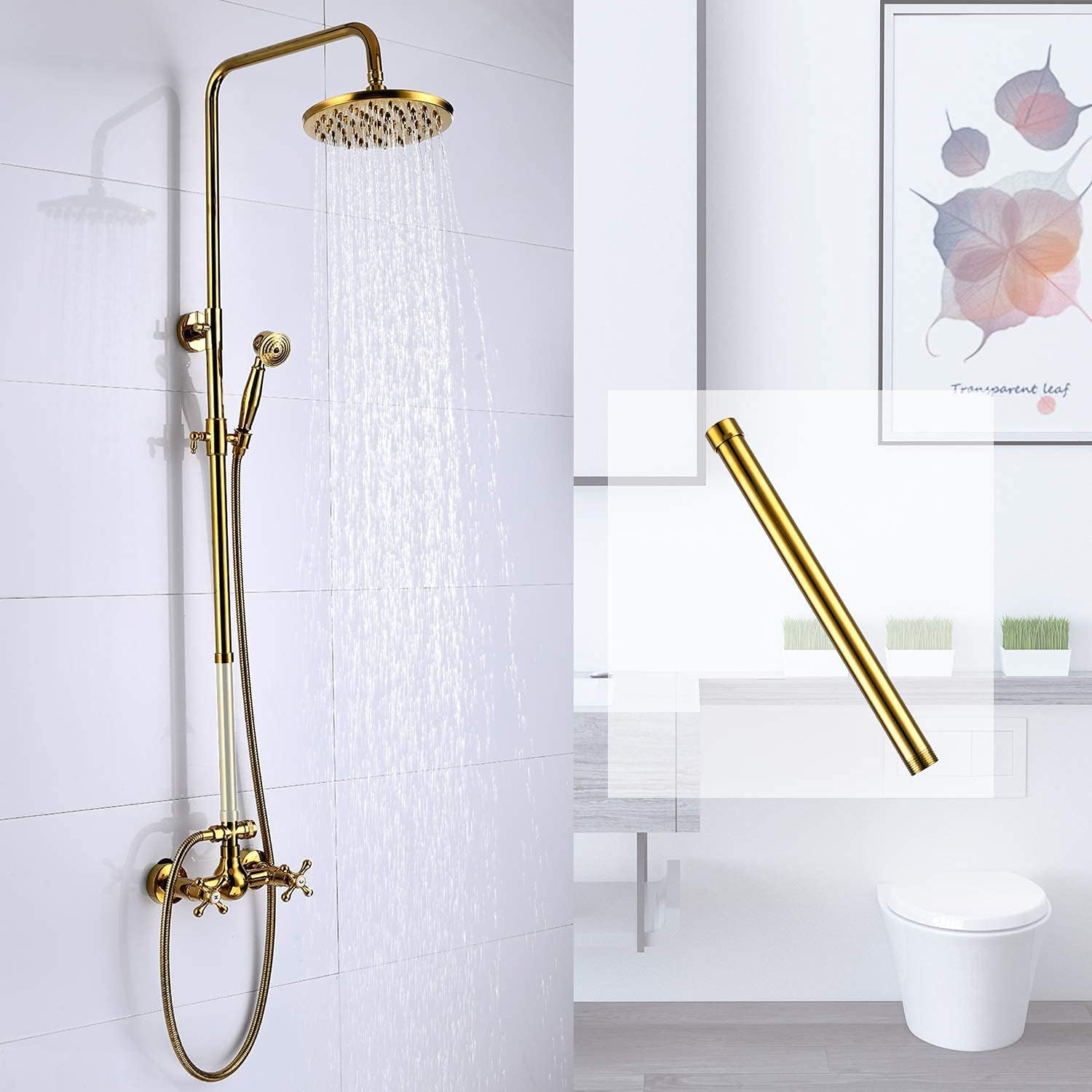 8 Inch Rainfall Shower Faucet Set Gold Polished 2 Cross Knobs Shower System With Matching 12 inch Polished Gold Shower Faucet Kit Extension Tube image 2