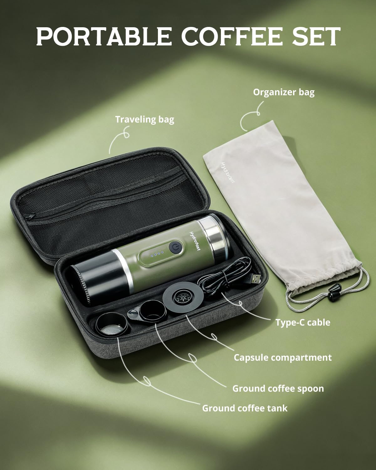 Cafetera de espresso portátil con batería de 7800 mAh, diseño ultraligero, fácil de viajar, 20 bar, autocalefacción, con cápsulas NS y suelo, para autocaravana