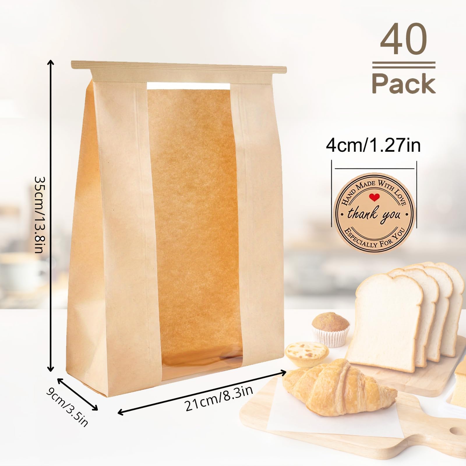 40 Pack Paper Bread Bags for Homemade Bread, Large Loaf Bag with Window Includes 40 Stickers?Food Packaging Storage Popcorn Cookie Treat Bakery Bag