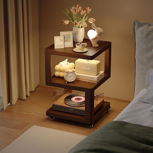 Miniatura 1 de COMASACH Mesa auxiliar de bambú de madera maciza con estantes de almacenamiento, mesa auxiliar de sofá de 3 niveles con ruedas, mesita de noche