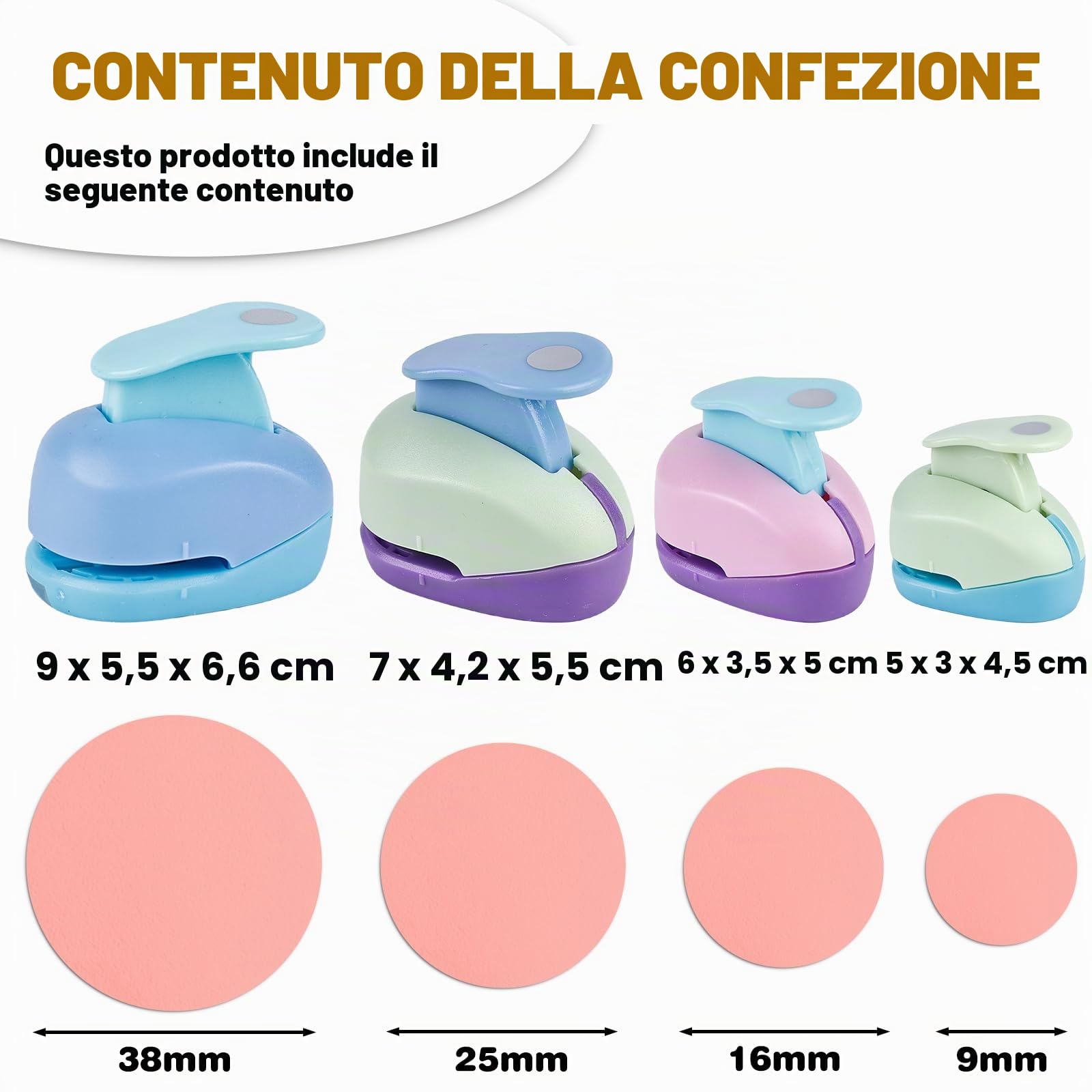 Sporgo Perforatrici rotonde, 4 pezzi, per fai da te, scrapbooking, album fotografici, artigianato, biglietti di auguri (9 mm, 16 mm, 25 mm, 38 mm)