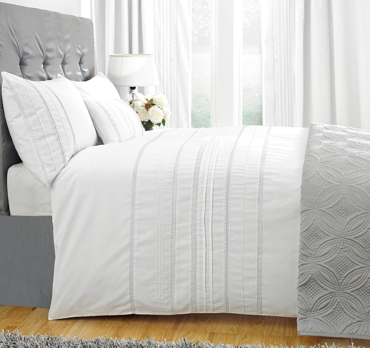 Embellished Stripes White Duvet Cover Queen, Delicately Pintucked Lace Trim, 100% Cotton Bedding Set, 90"x90"