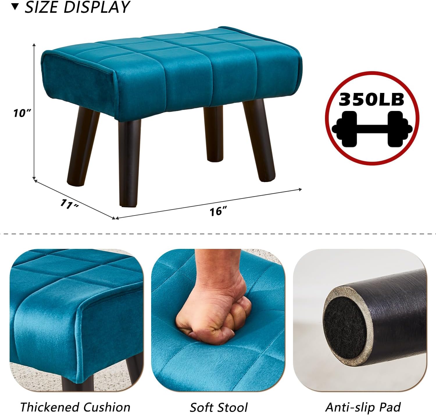 Wimarsbon Small Foot Stool Ottoman Modern Accent Step Stool Seat with Solid Wood Legs Velvet Soft Padded Pouf Ottomans Sofa Footrest Stools 16 inch for Couch Living Room Entryway Teal