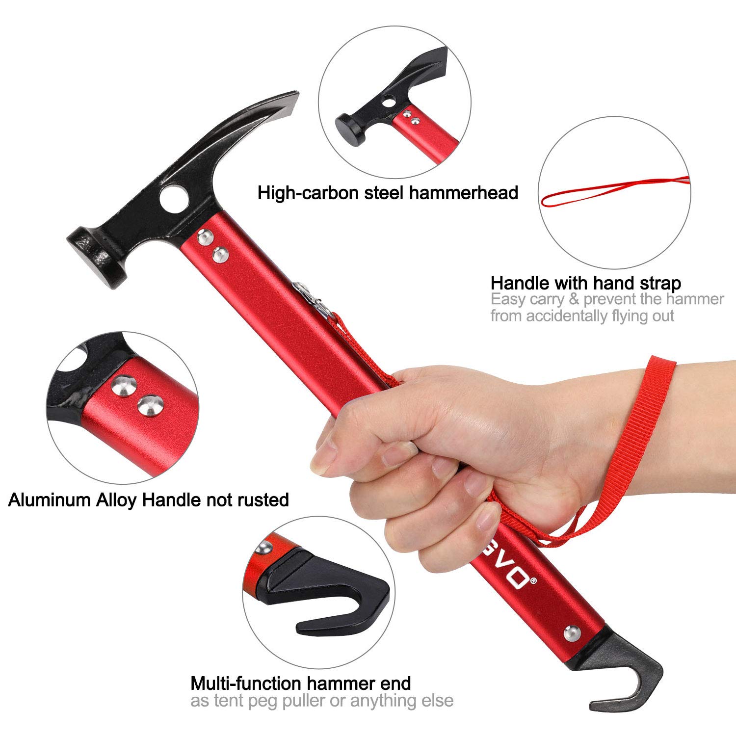 TAGVO Multifunktions Camping Hammer, Multifunktions Outdoor High Carbon Stahl Camping Hammer Zelt Hammer mit Zeltpfahlentferner die Funktion，mit Aufbewahrungstasche