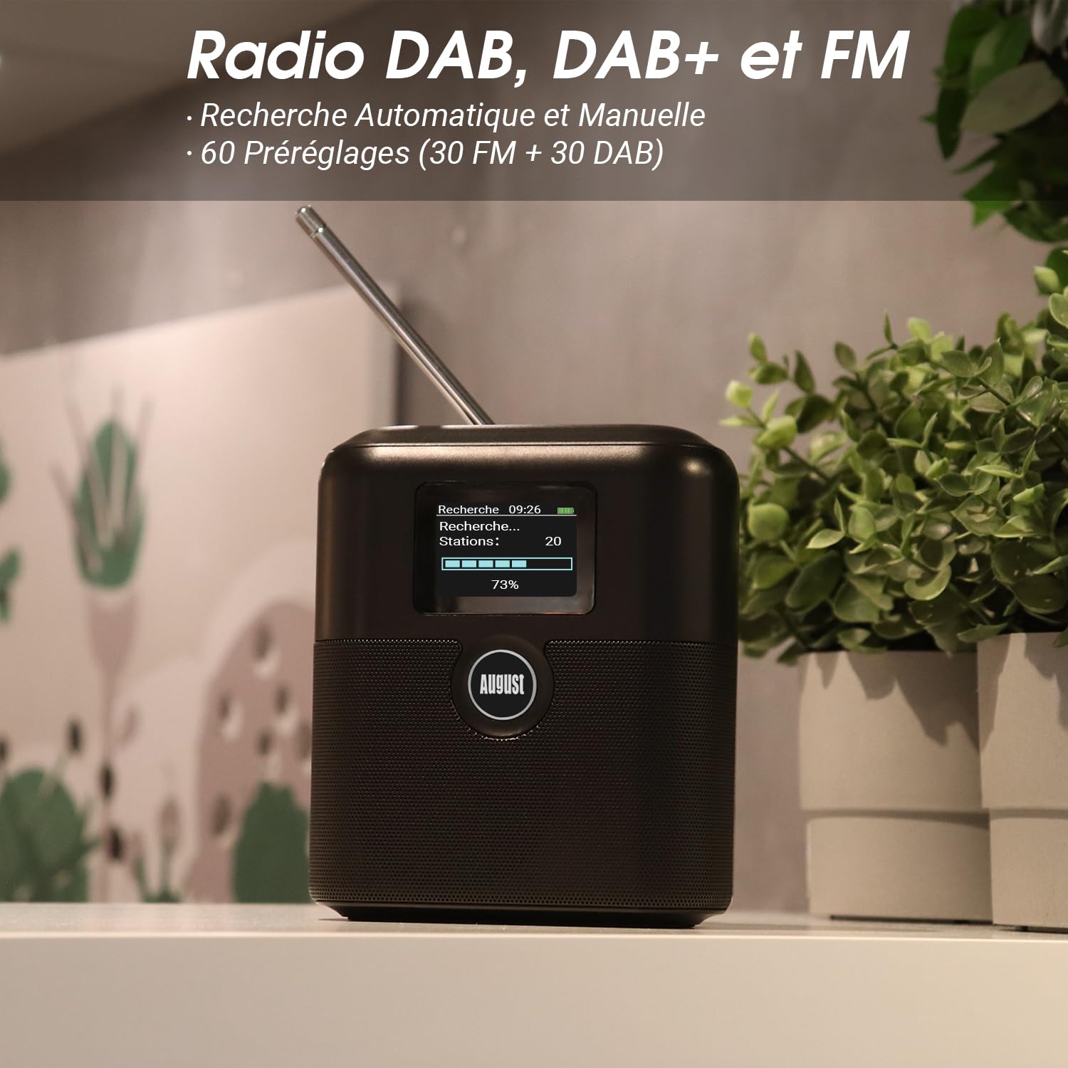 August MB330 Radio Portable DAB Bluetooth - Radio Numérique DAB/DAB+/FM 60 Présélections, Double Réveil, Minuterie, Rechargeable USB-C, Entrée/Sortie Aux, Écran Couleur, EQ - Cuisine Chambre Extérieur