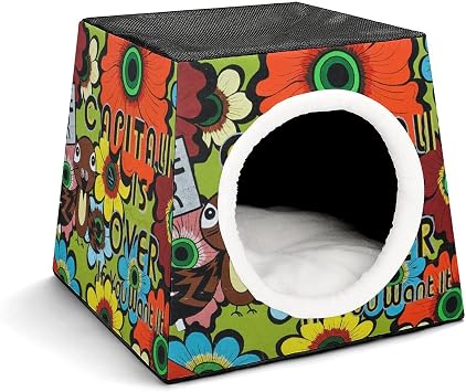 Printed Cat House Foldable Cat Bed Cat Condo Cat Sofa with Removable Washable Cushion Cartoon Bird and Flower