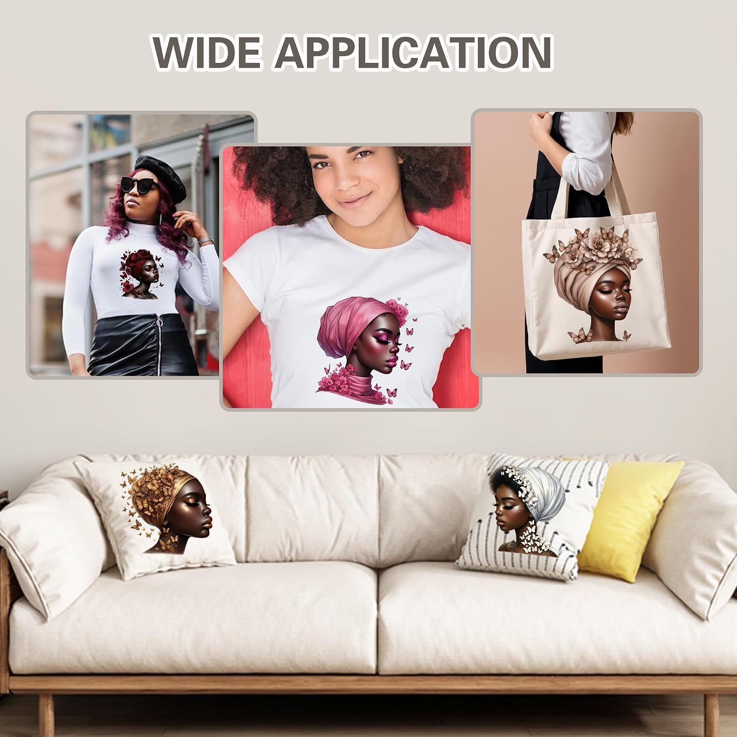 14 Pcs 7 Inch Vinyl DTF Heat Transfers for Shirts with African Woman Side Profile Designs for DIY Fashion Apparel Accessories and Craft Projects