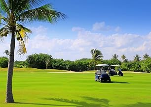 BELECO 7x5ft Fabric Golf Course Backdrop - Woodland Green Grass Lawn Tropical Palm Trees Blue Sky White Clouds Sports Backdrop Party Decorations Birthday Banner Kids Adults Photo Studio Props