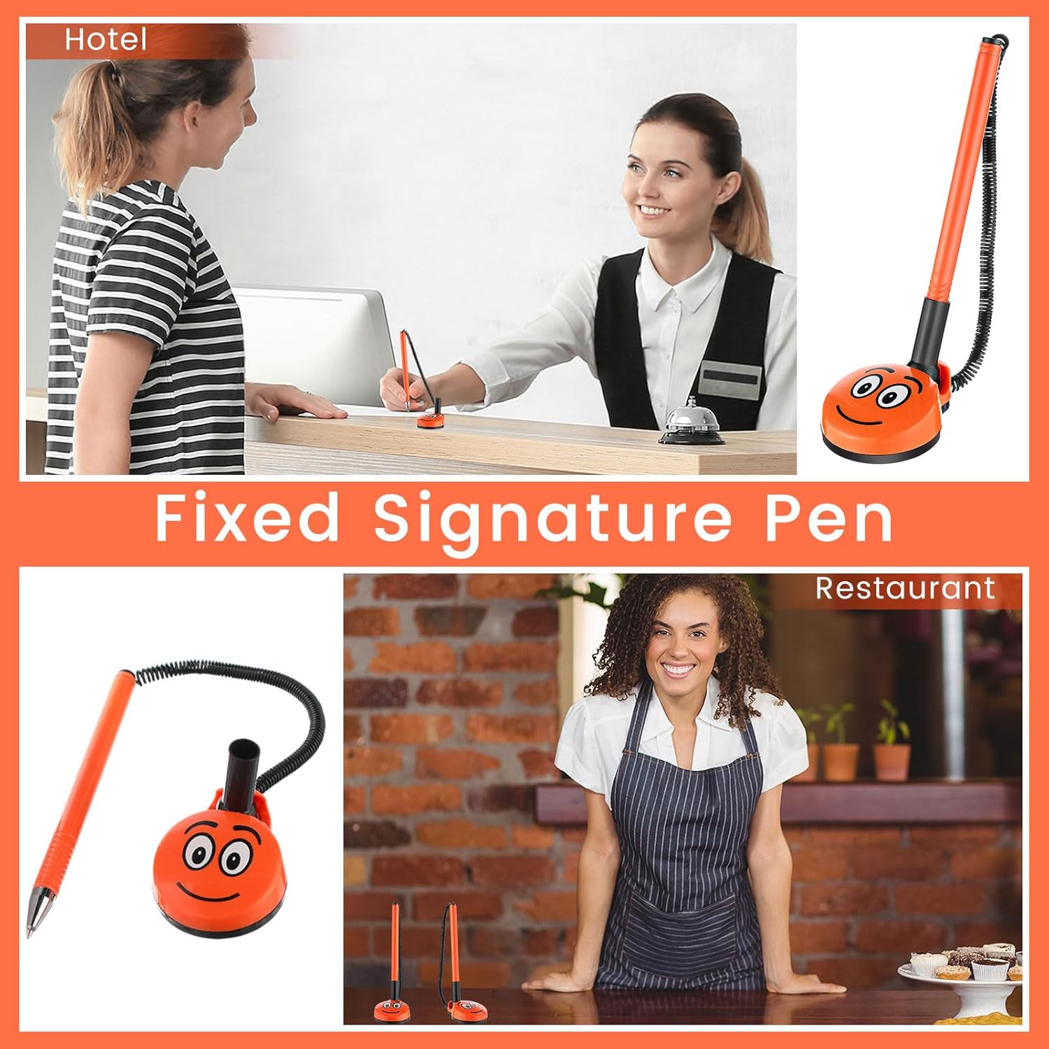 KosizZ 24 Pcs Secure Pen with Plastic Secure Cord and Pen Holder Adhesive Secure Counter Pens 0.5 mm Black Ink Leakproof Gel Pen with Smile Face Design for Office School Welfare Supplies (Orange)