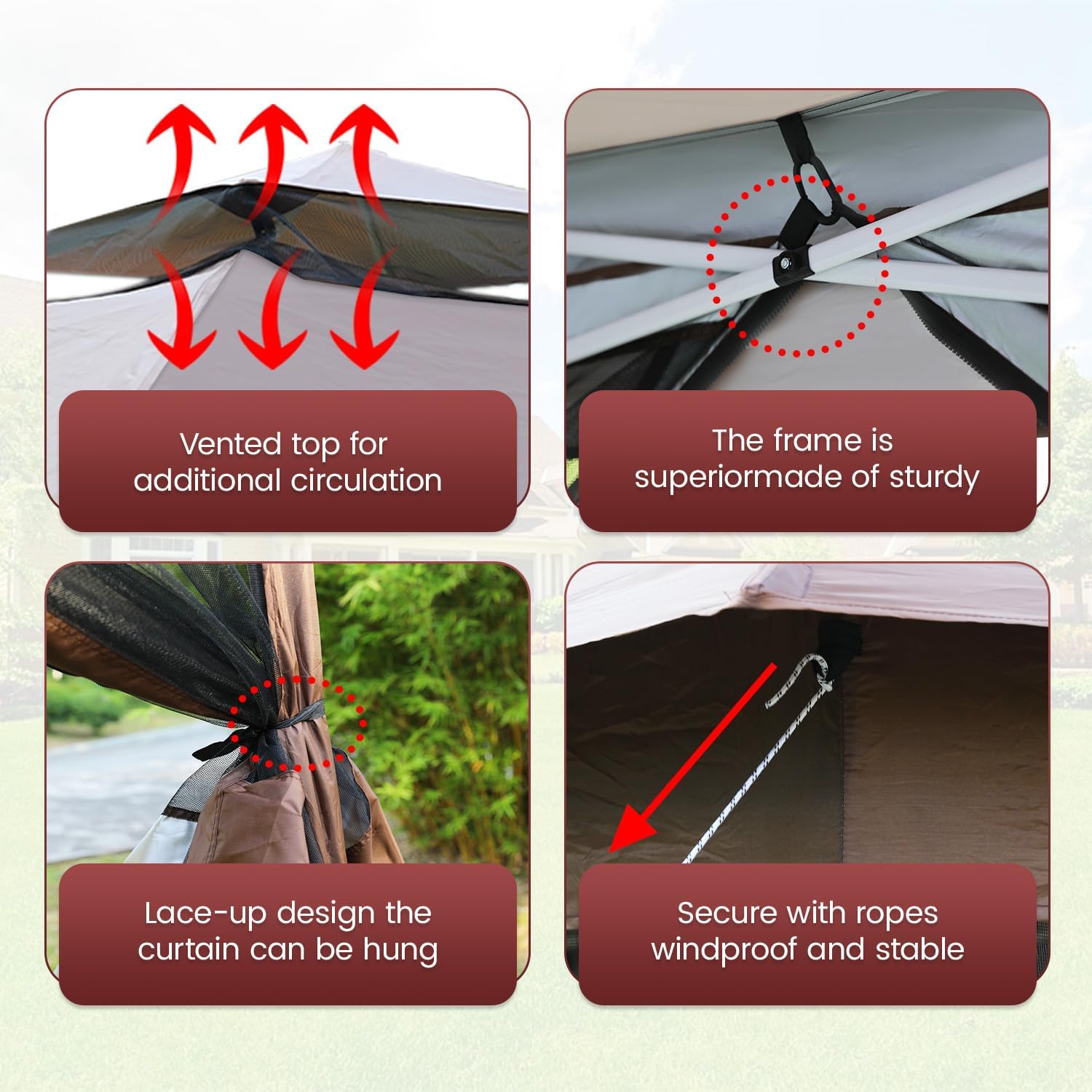 10'x10' Canopy Tent Patio Canopies with Mosquito Netting Waterproof Gazebos with Double Roof Tops for Backyard and Garden, Brown