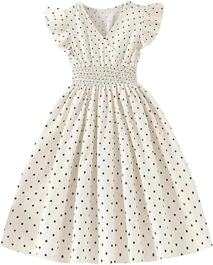 Niren Enterprise Girls Polka Dot Flutter Sleeve Smocked Waist Summer Party Frock Dress