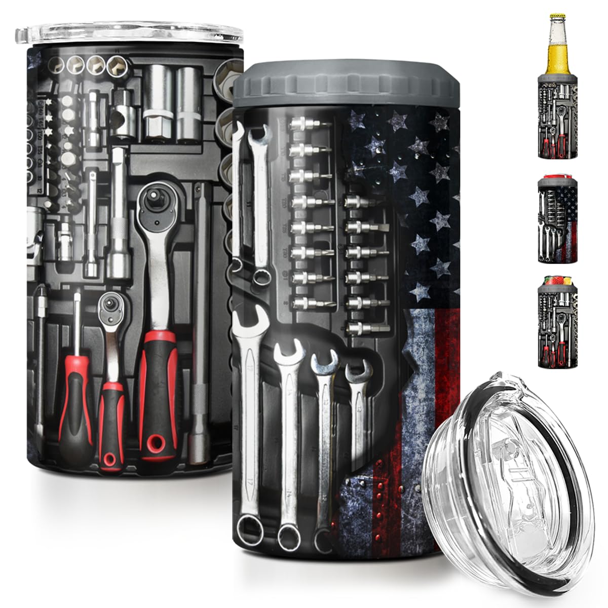 SANDJEST Mechanics Tumbler Mechanic Dad Tool Box 4 in 1 12oz Can Cooler Coozie Skinny Stainless Steel Tumbler for Daddy Father Papa Birthday