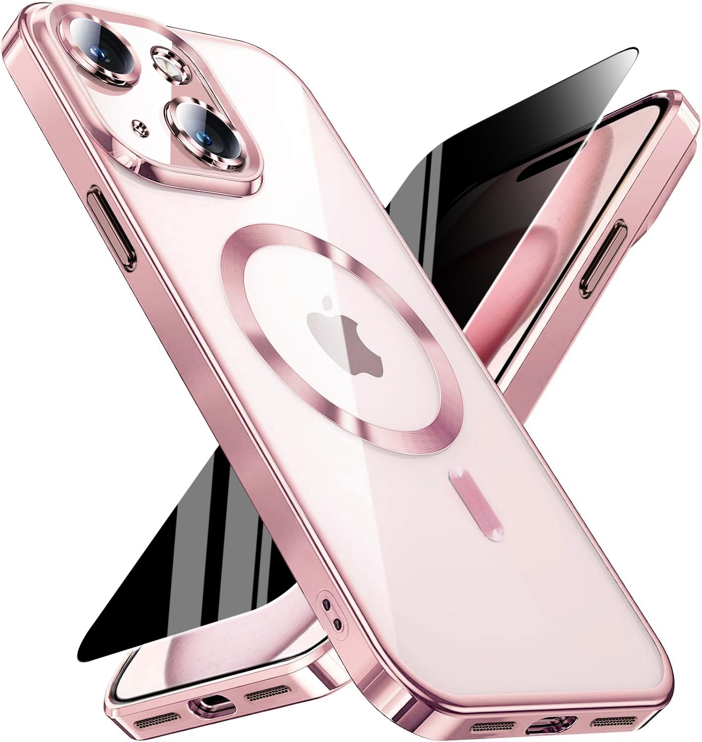 Magnetic for iPhone 15 Plus Case with Privacy Screen Protector &amp; Full Camera Cover,Compatible with MagSafe,[Non-Yellowing]Plating Soft Shockproof Clear Phone Case Women Girls for iPhone 15Plus,Pink