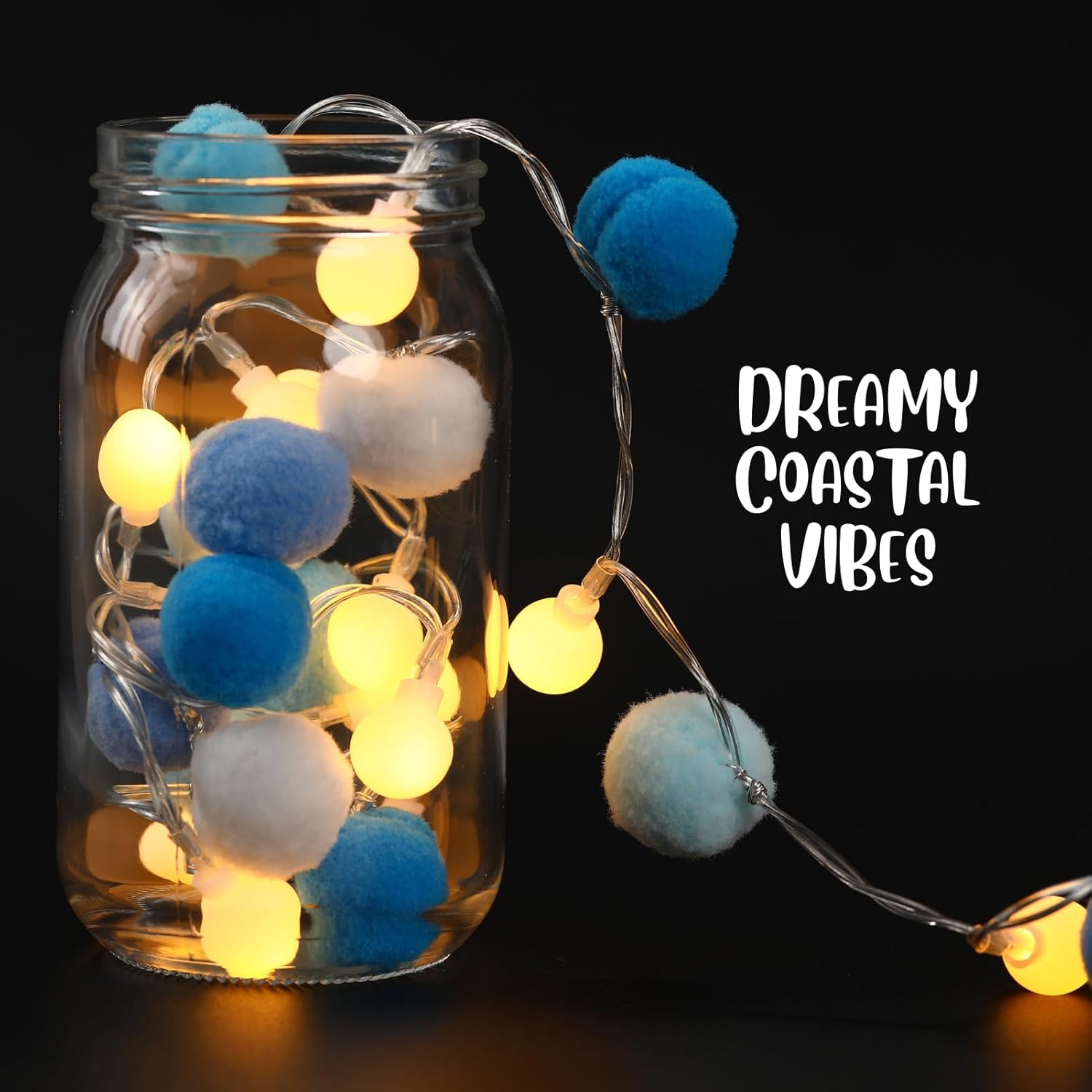 6.56FT Pom Poms Fairy Lights - 20 LED Battery Operated String Lights with Warm White Globe Balls - Cute Indoor Decor for Bedroom Kids Room Playhouse Graduation Birthday Baby Shower - Blue
