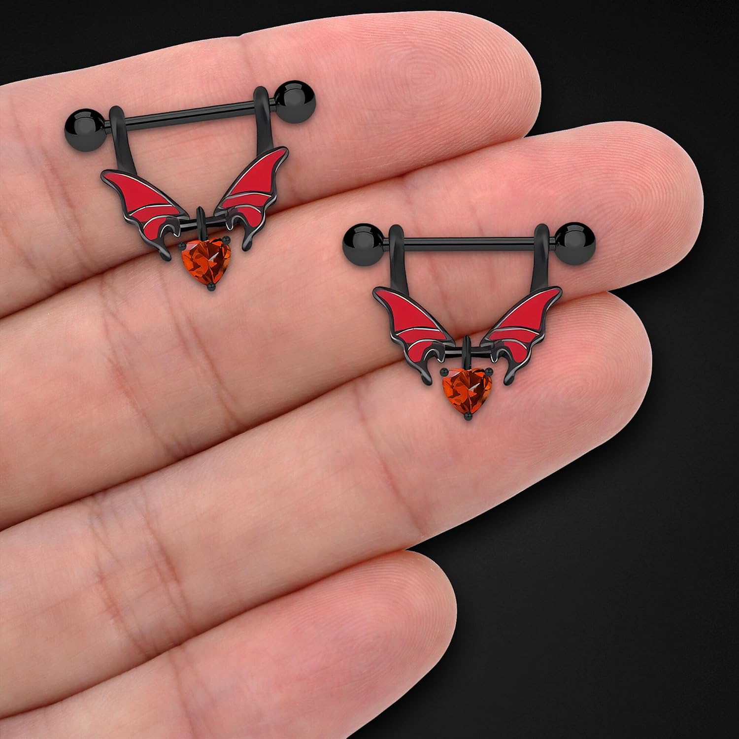 Surgical Steel Nipple Jewelry with Wings and Red Heart, Piercing Bar Nipple Decor Straight Barbell BDSM Erotic