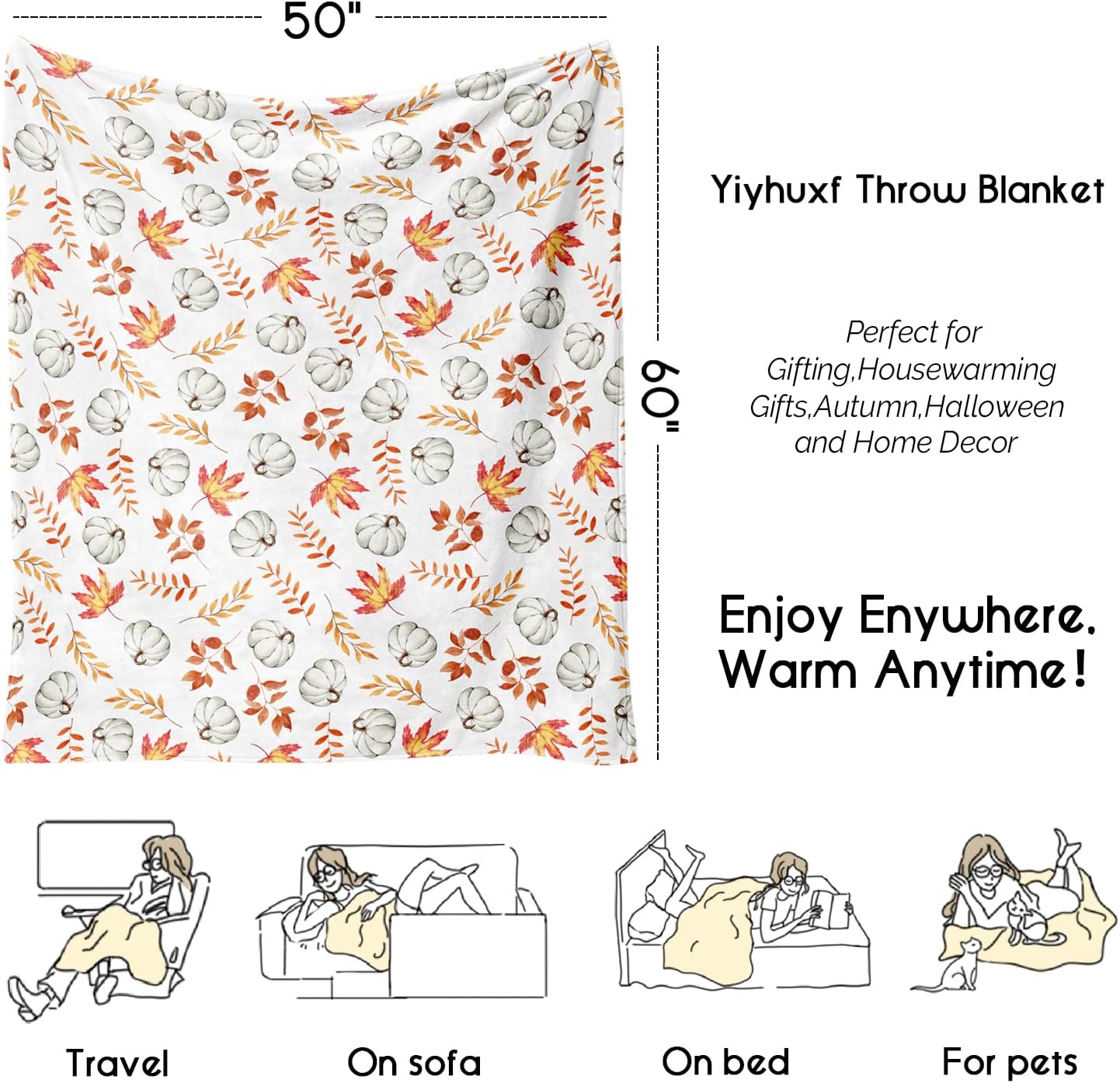Fall Thanksgiving Blankets,Pumpkin and Maple Leaf Farmhouse Blanket Throw,Thanksgiving Fall Flannel Fleece Throw Blanket for Home Living Room Couch Bed Chair or Dorm Decor 60"x50"