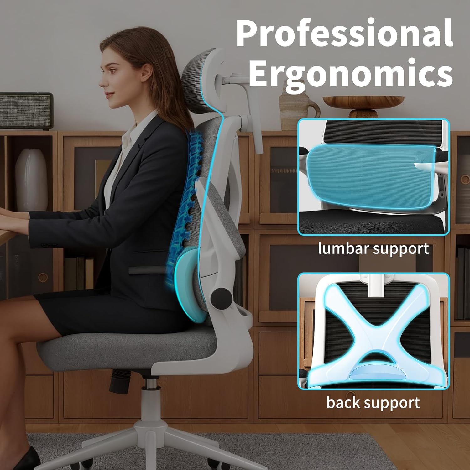 Ergonomic Office Chair - Desk Chair with Adjustable Headrest Lumbar Support Computer Chair - Mesh Comfy Chair with Flip-up Armrests - Gaming Chairs for Adults Home Office 330 LBS (White+Black) - Image 5