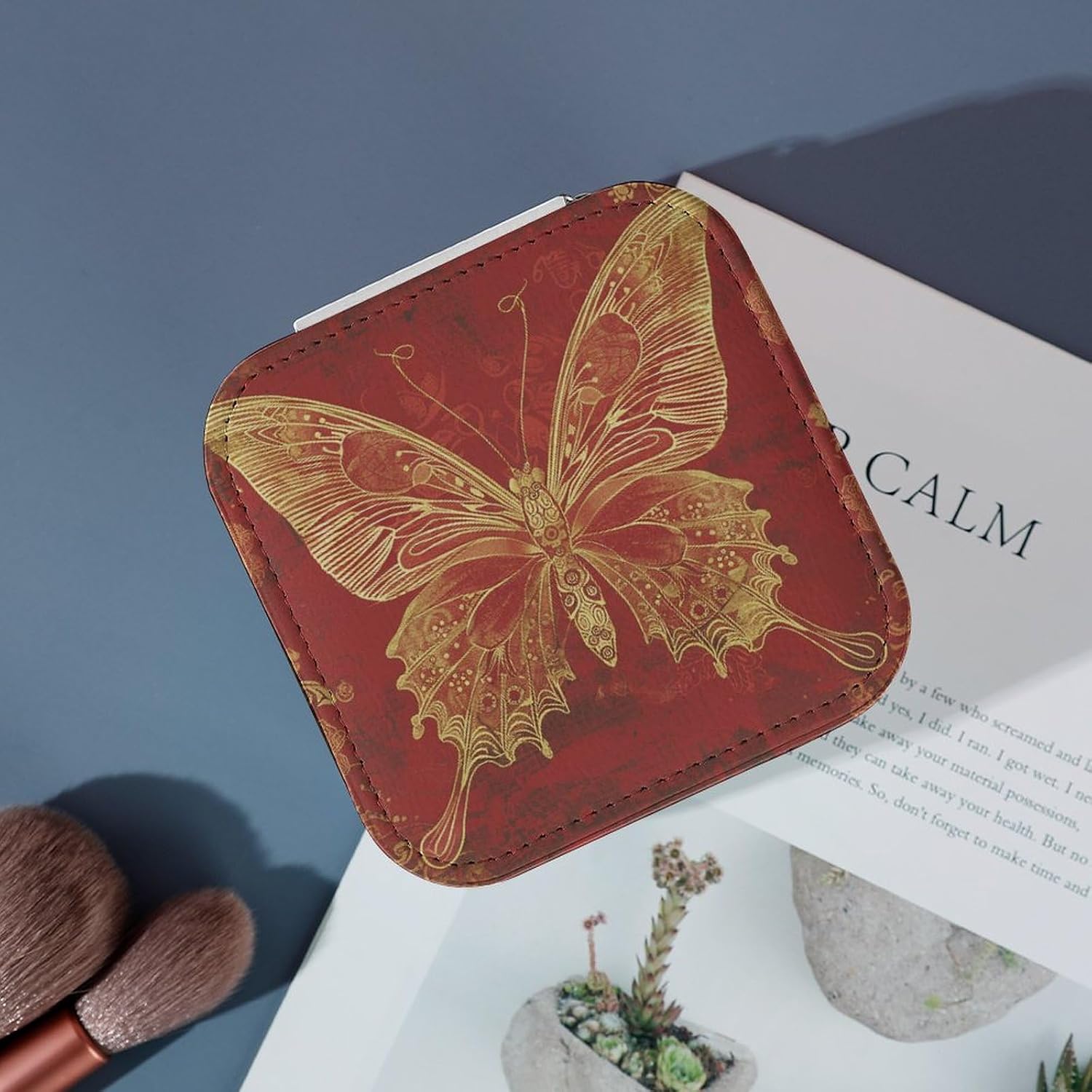 PU Leather Storage Box,Golden Ornate Butterfly Printed Portable Jewelry Box Mini Travel Storage Box Women's Jewelry Storage Rack for Necklace Earrings Bracelets Rings image 4