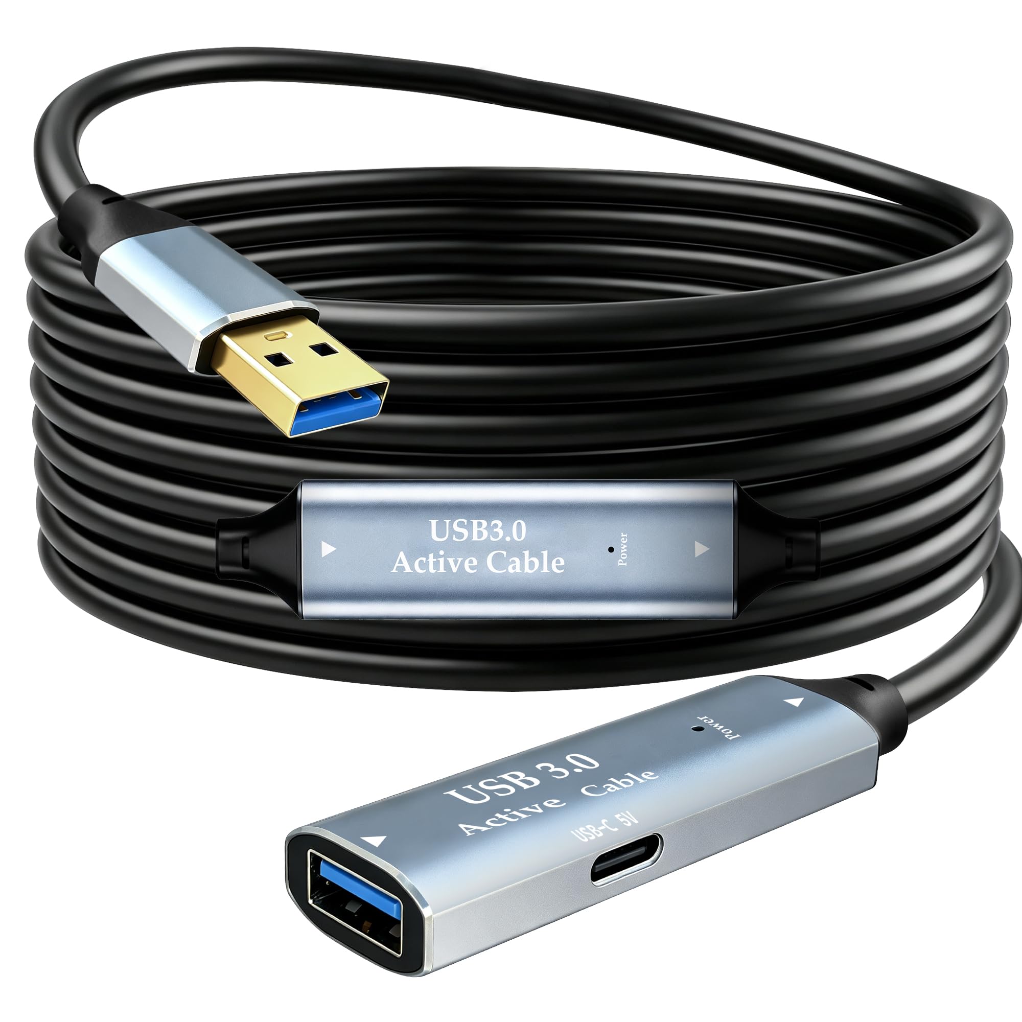 Tan QY Aktives USB-3.0-Verlängerungskabel, Typ A-Stecker auf A-Buchse, Verlängerungskabel mit 2 Verlängerungs-Chipsätzen, Signalverstärker und 1 USB-C-Ladeanschluss, für Webcam, USB-Hub, Kamera