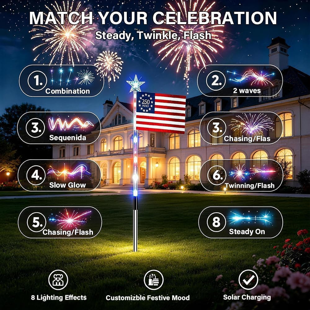 8 Piece Solar American Flag Pathway Lights, US Solar Flag Lights with 8 Lighting Modes, Patriotic Red White Blue Waterproof LED Outdoor Yard Garden Decorations for 4th of July (D-2 Sets)