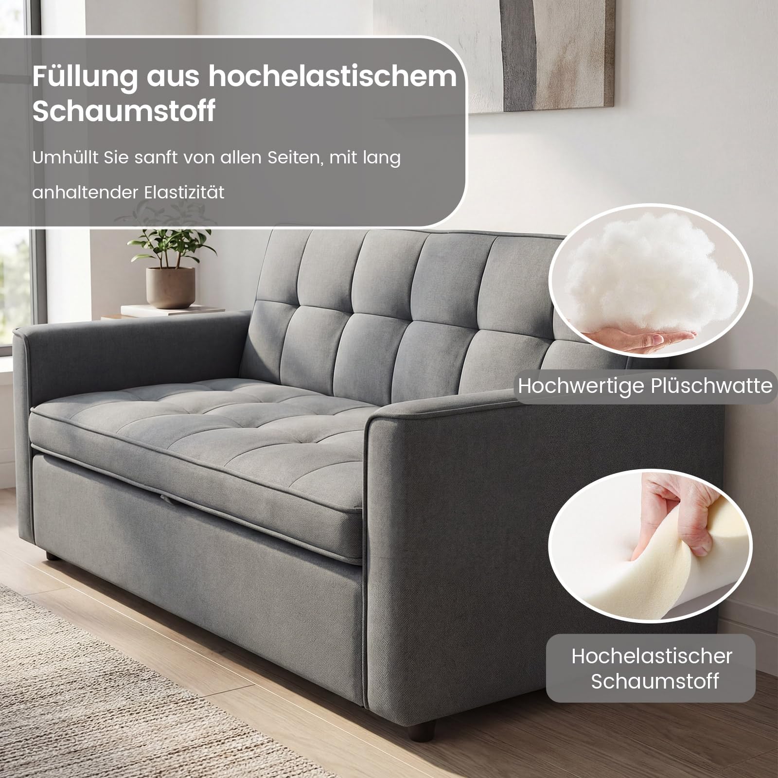 Guyii Schlafsofa 3-Sitzer Grau, Ausziehbares Sofa mit Schlaffunktion und Bettfunktion, Gepolstertes Bettsofa mit Armlehnen, Schlafcouch für Wohnzimmer, Gästezimmer, Kleine Räume