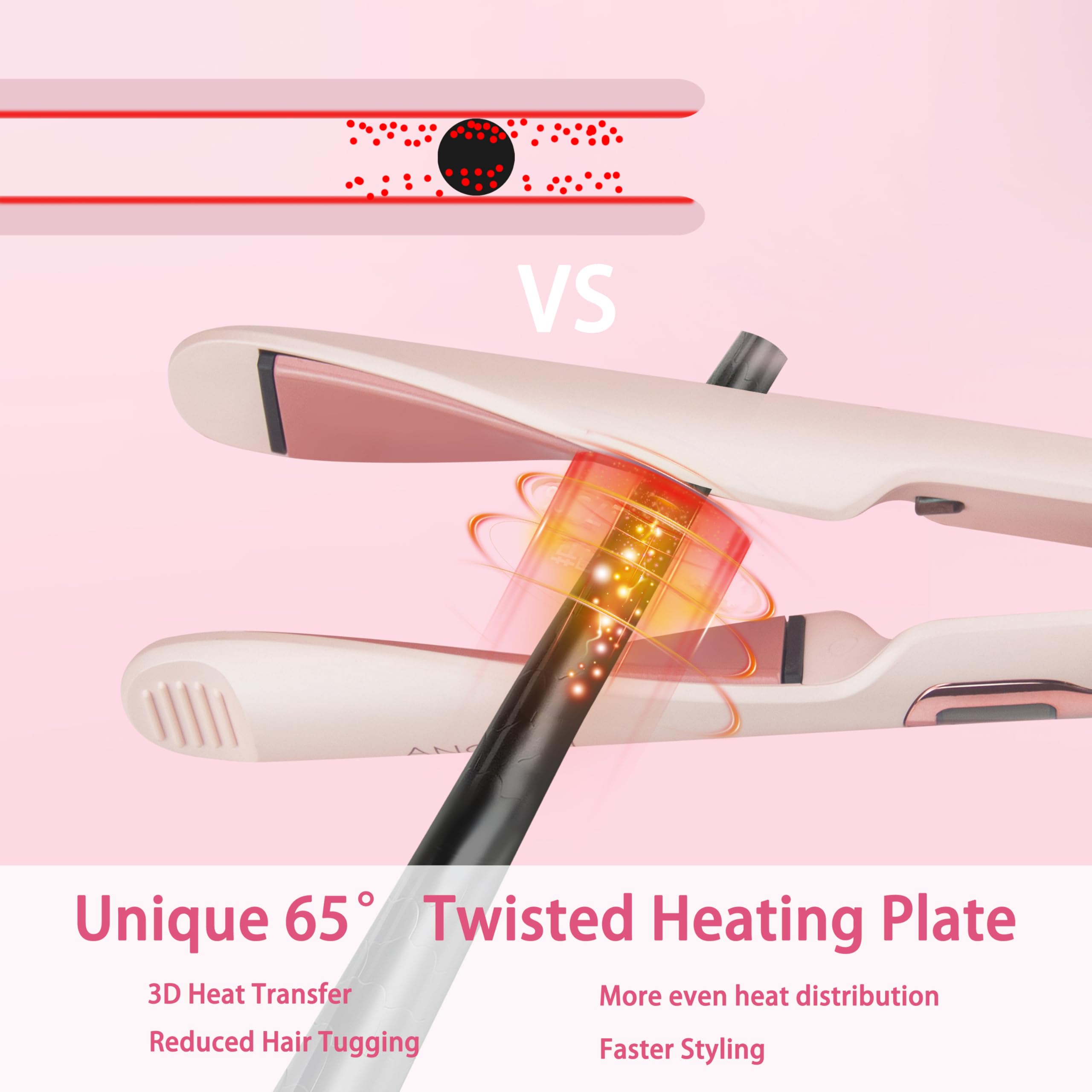ANGENIL Lisseur Ceramic Twist pour femmes, lisseur et fer à boucler 2 en 1 pour lisser, boucler, onduler, fer à lisser rond rose double tension avec tapis en silicone résistant à la chaleur