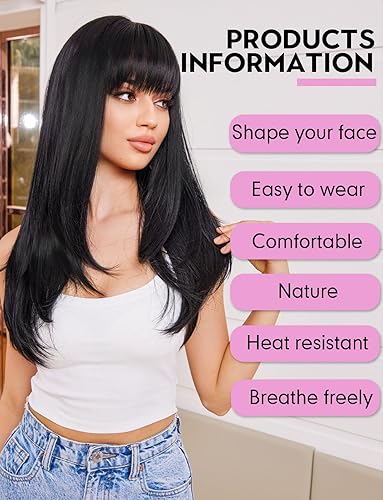 Miniatura 4 de Pelucas negras para mujer, peluca larga recta en capas con flequillo cabello sintético natural