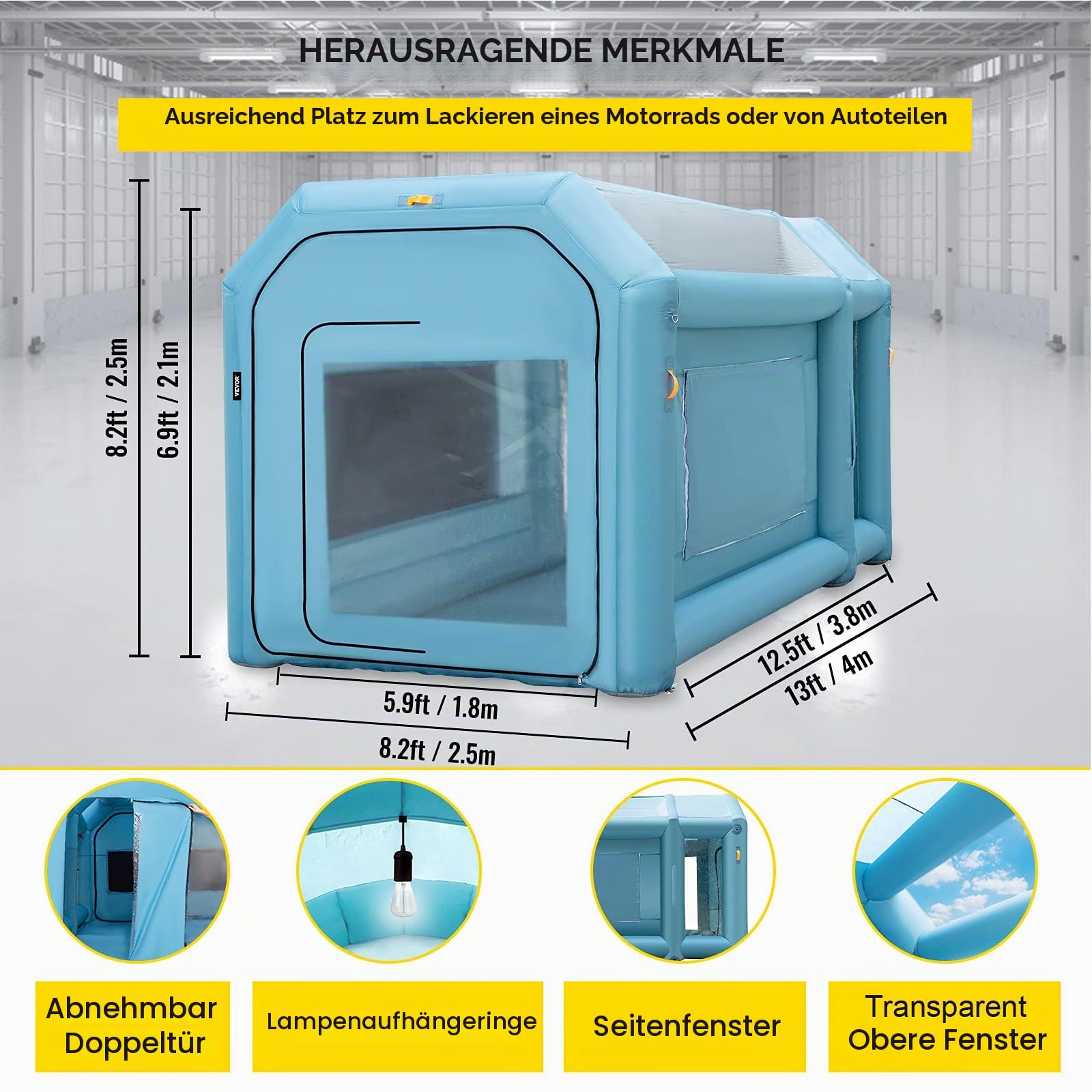 VEVOR Aufblasbare Lackierkabine Zelt 4x2,5x2,5m Sprühkabine Zelt aus 210D Oxford-Gewebe PVC Auto Lackierkabine mit Inflations-/Belüftungsgebläse Ideal für Lackierung und Reparatur von Autoteilen
