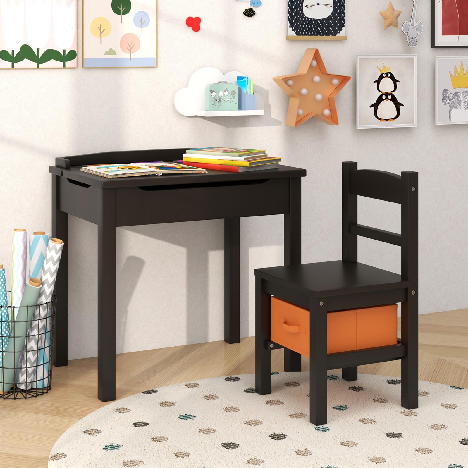 COSTWAY Kindertisch mit Stuhl, Schreibtisch aus Massivholz mit klappbarer Tischplatte, Schublade & Haken, Aktivitätstisch Kindersitzgruppe mit Stauram für Kinder ab 3 Jahren (Mit Box,Braun)