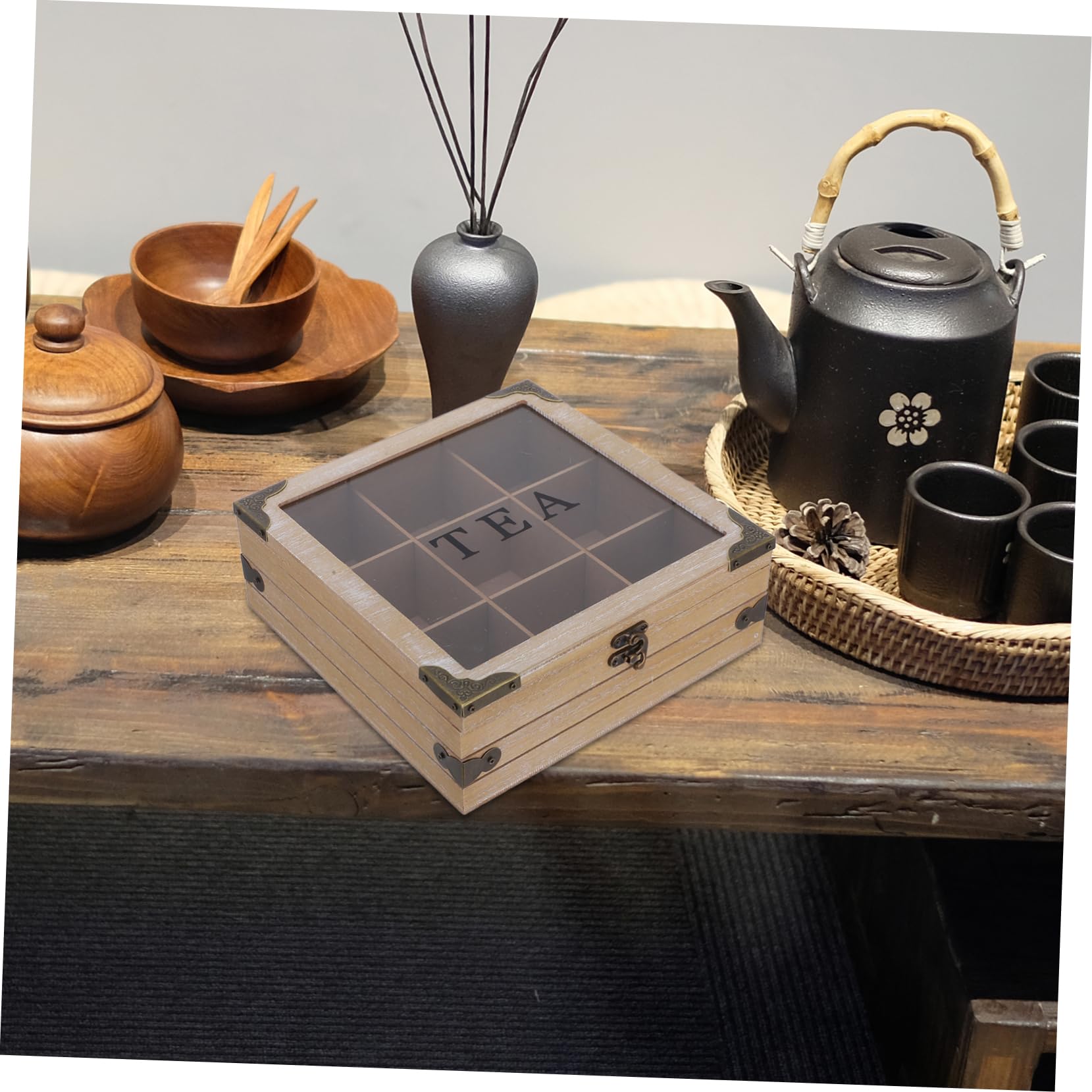 Amosfun Caja Organizadora con Tapa de Vidrio de Madera de Bolsitas de Té