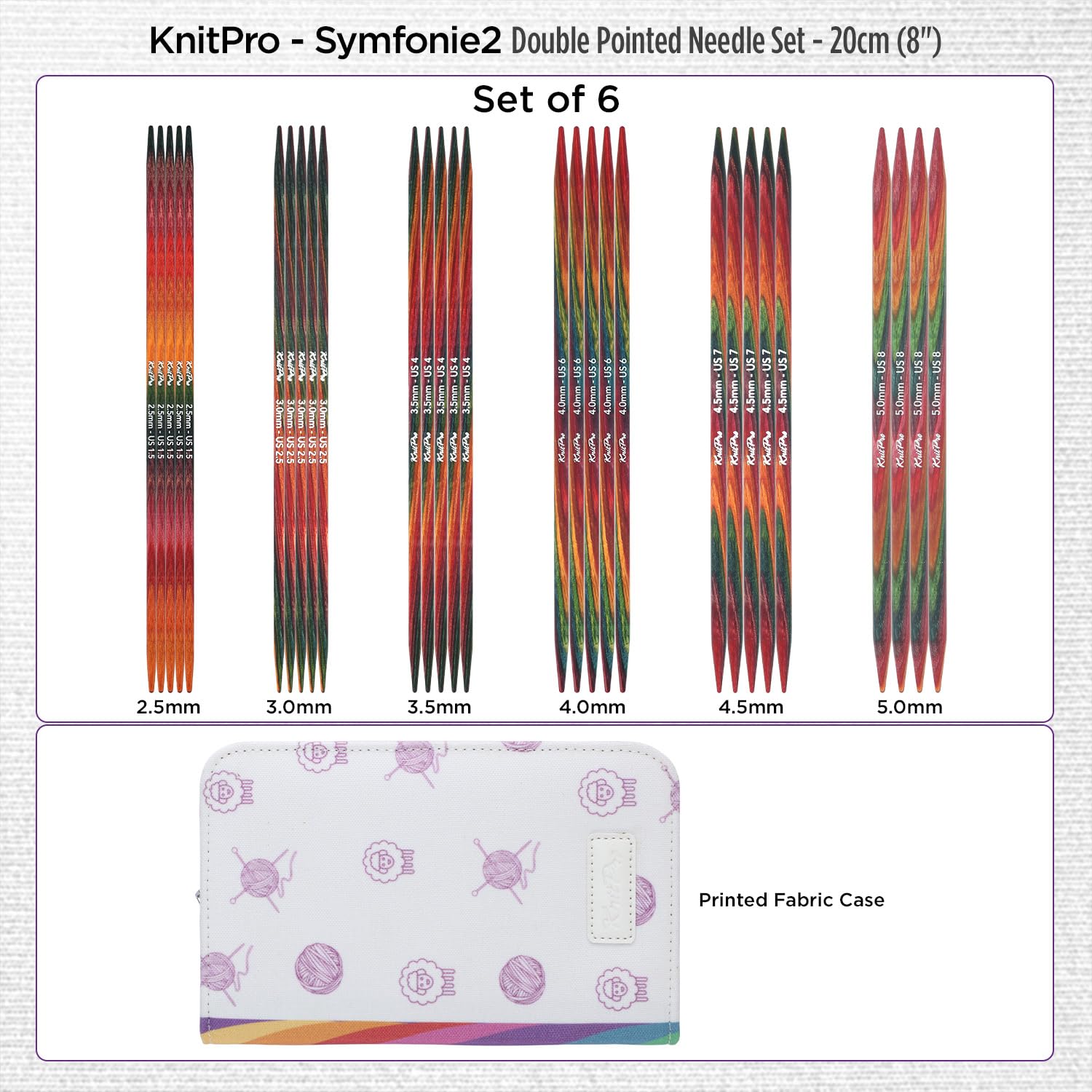 KnitPro Symfonie 2 Holz-Doppelspitz-Nadelset - 20 cm