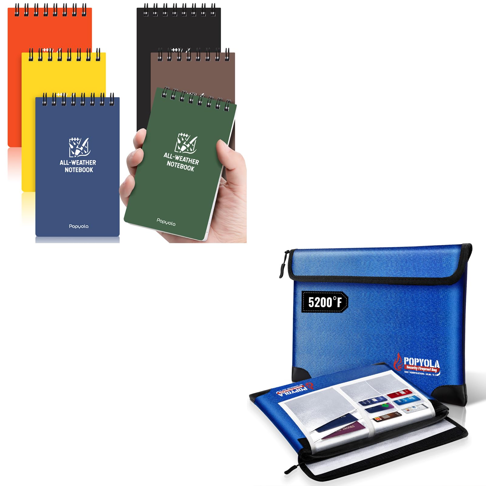 POPYOLA 6 Pack Waterproof Pocket Notebook & 5200°F Fireproof Document Bag 14”X 10.6”