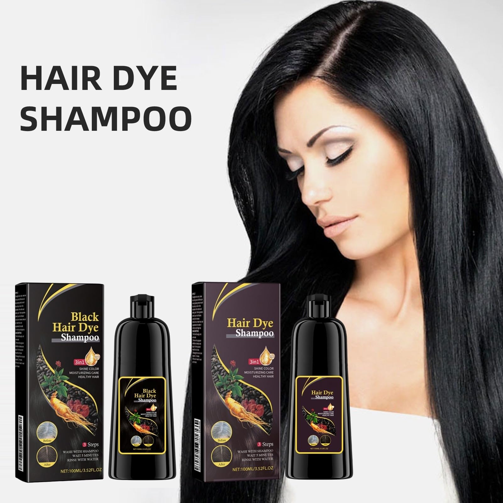 Szampon barwnikowy 100ml, szampon barwiący 3 w 1, dla mężczyzn i kobiet | Polygonum multiflorum (He Shou Wu) Farba do włosów 3 w 1 Czarny szampon do farbowania brązowego