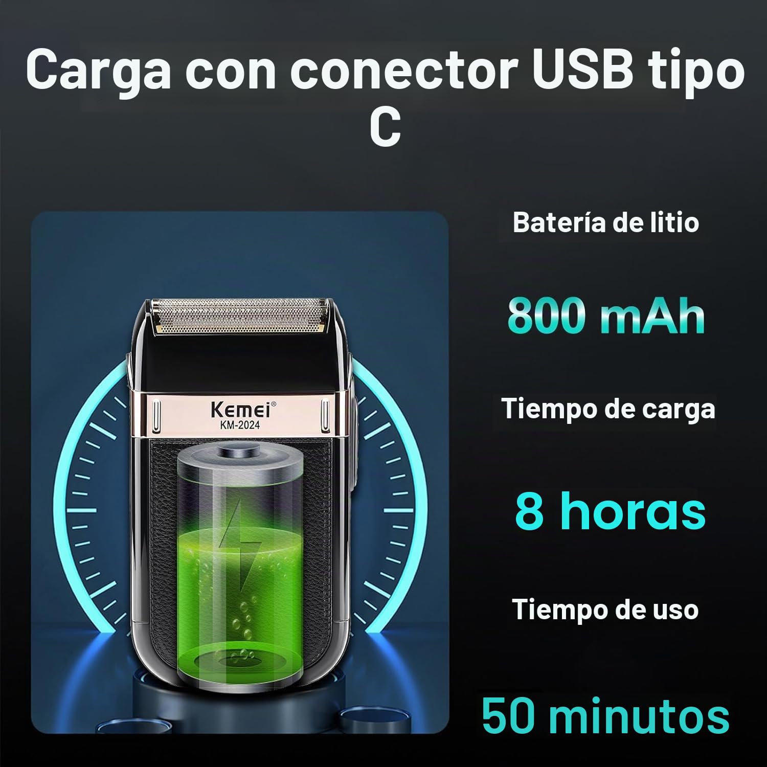 KEMEI Afeitadora de Láminas Para Hombres, Maquinilla de Afeitar de Doble Hoja Recíproca Resistente al Agua, Motor de Alta Velocidad de 8000 RPM, Afeitadora Eléctrica Recargable Para Barba