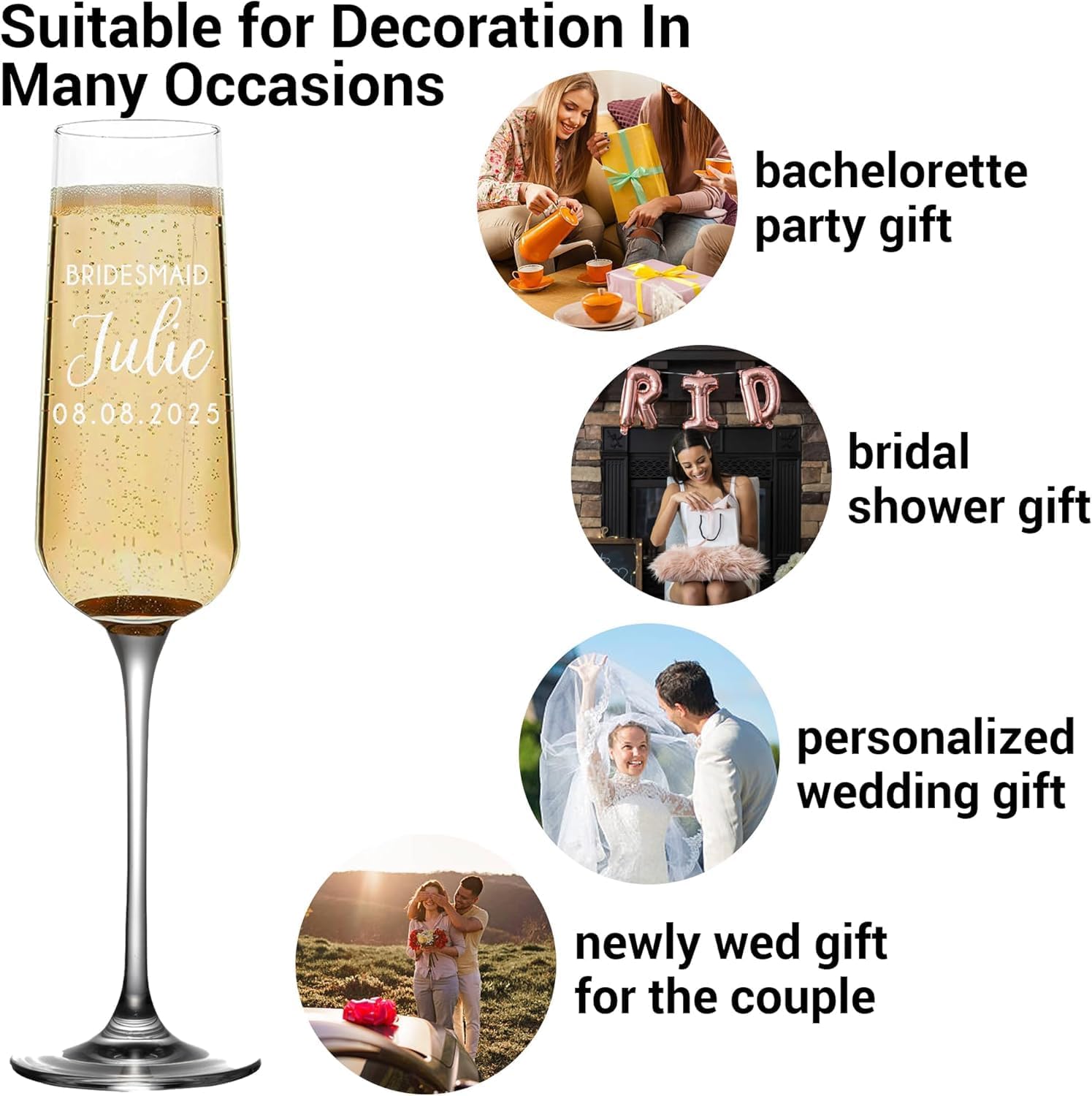 Personalized Bridesmaid Champagne Glasses Custom Flutes for Bachelorette and Wedding Party, Engraved Toasting Glass Set for Maid of Honor, Bridesmaids,Bridal Shower Gift