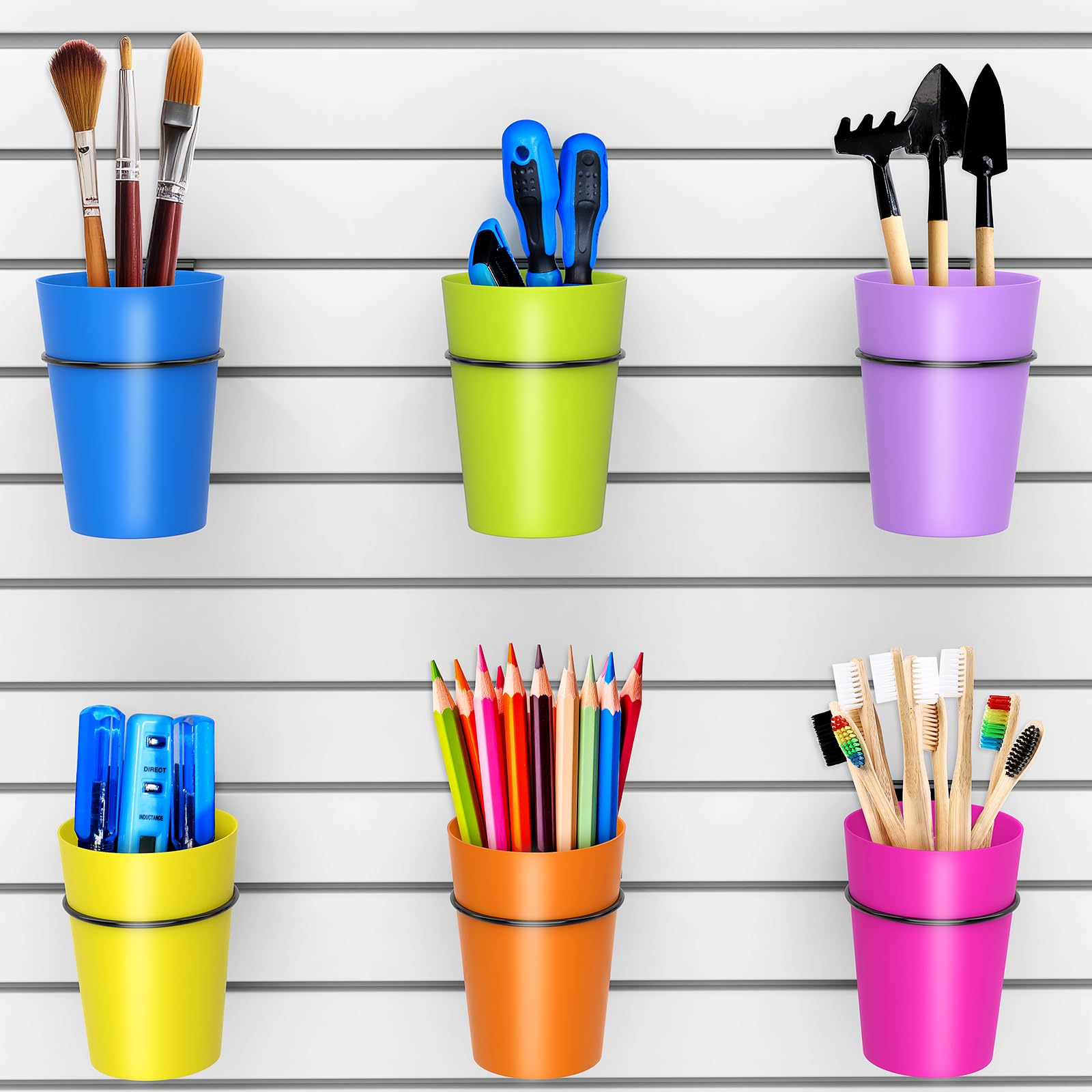 BeapTcely Slatwall Cups with Loops Slatwall Accessories Set Slat Wall Tools Storage Arrange System Kit for Garage Craft Workshop Workbench Hobby Office (6, Mixed Color)