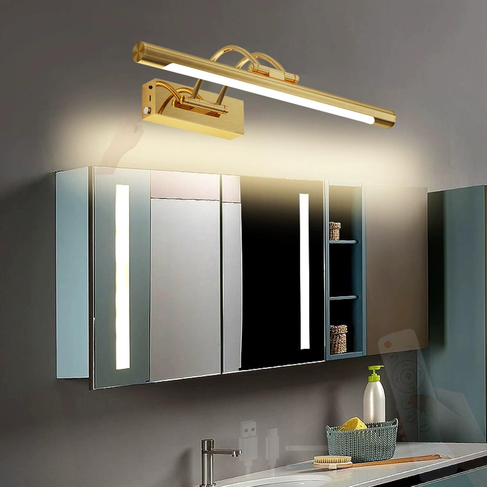 LED Bagno Specchio Lampada da Parete Tattile Controllo Interruttore Luce da Parete Telecomando Dimmerabile Applique da Parete USB Ricaricabile Rotazione per Soggiorno (Oro)