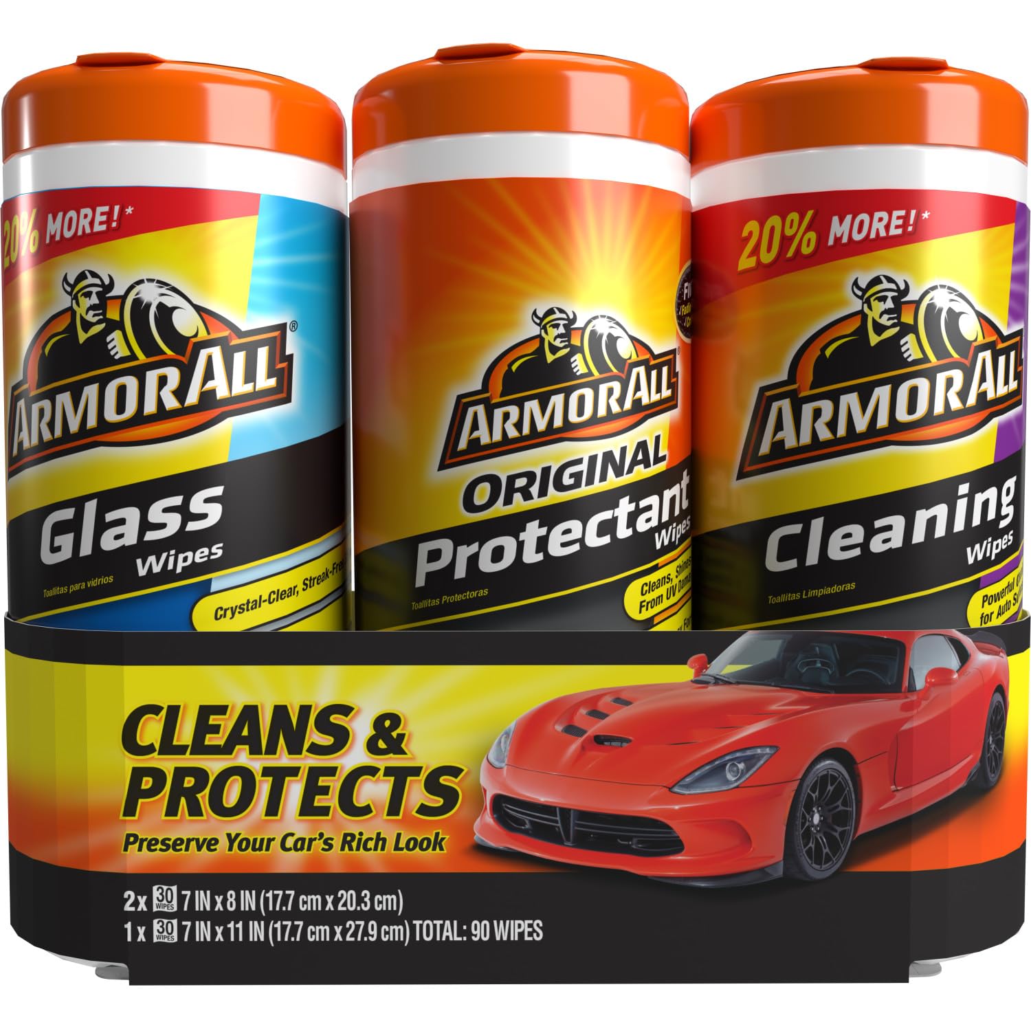 Armor All Protectant, Glass and Cleaning Wipes, Wipes for Car Interior and Car Exterior, 30 Count Each (Pack of 3)