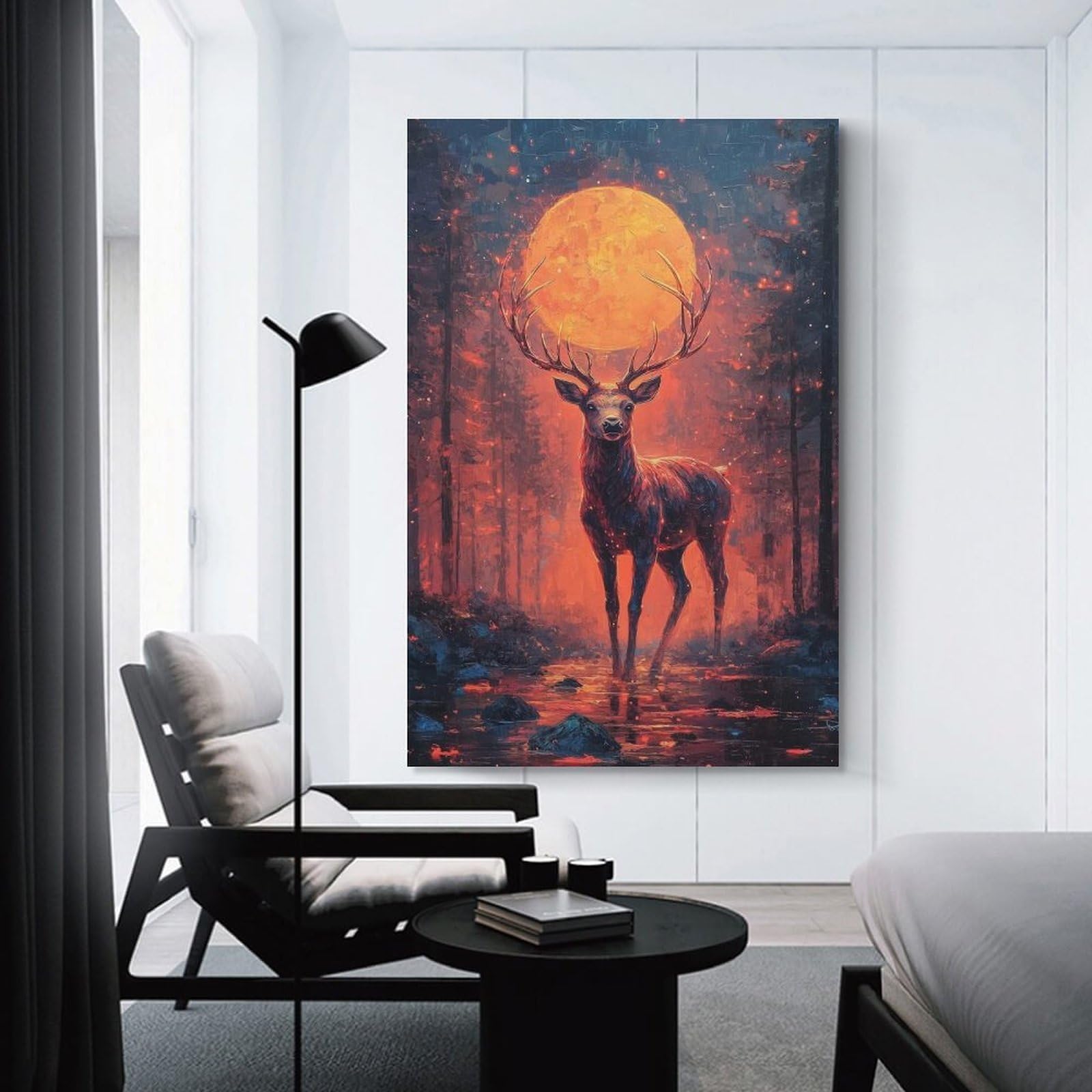 Junmoney Unframe-Style-14 Canvas Art Print Stag Under Blood Moon, 20X30inch(50X75cm), For Contemporary Homes, Apartments Or Offices, Decorative Canvas Decor For Home Updates