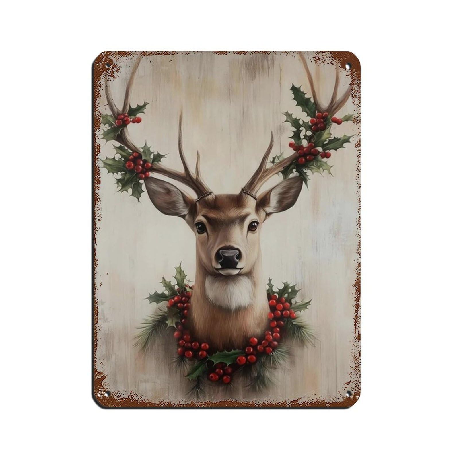 Reindeer Art, Festive Deer Painting Poster Tin Sign Vintage Metal Pub Club Cafe Bar Home Wall Art Decoration Poster Retro 12x16inch(30x40cm)