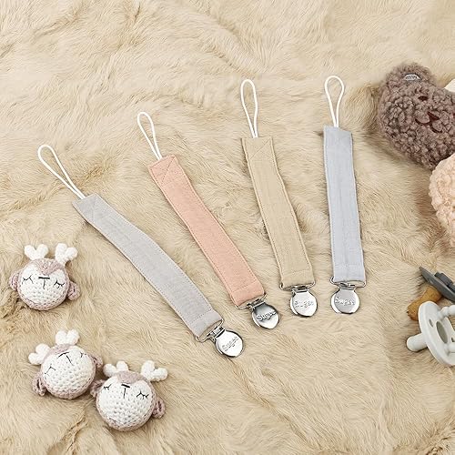 Miniatura 8 de Clip para chupete para bebé, niño y niña, de tela suave de lino con clip para Binky, soporte para correa, unisex, paquete de 4 (rosa)