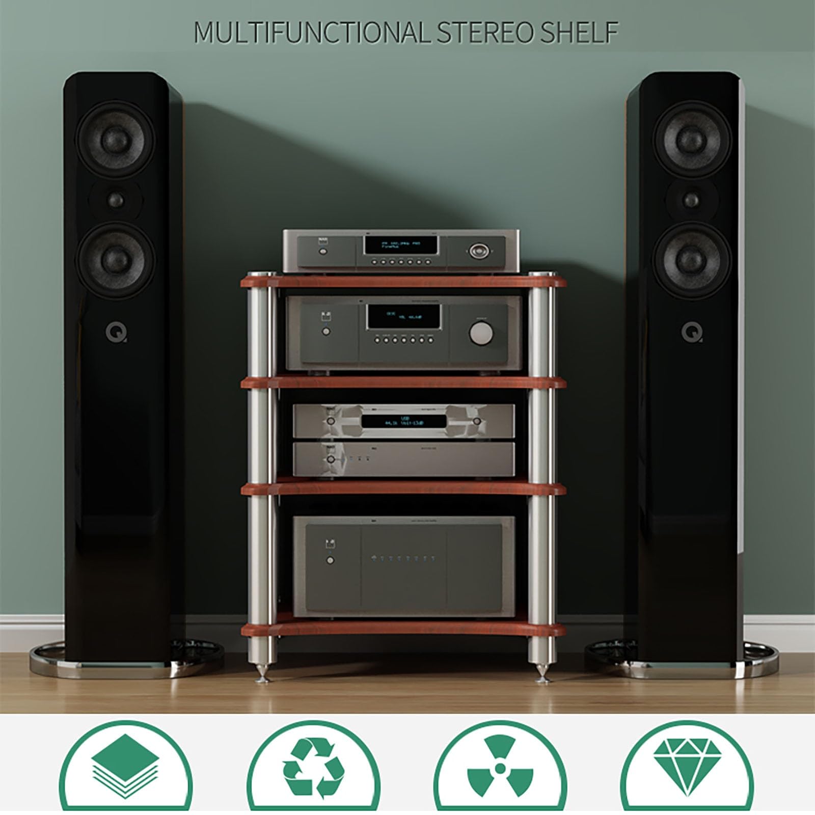 Armoire en bois massif avec pieds absorbant les chocs pour amplificateurs, appareils de diffusion en continu, haut-parleurs – Support audio en bois à 1 niveau pour une meilleure qualité sonore