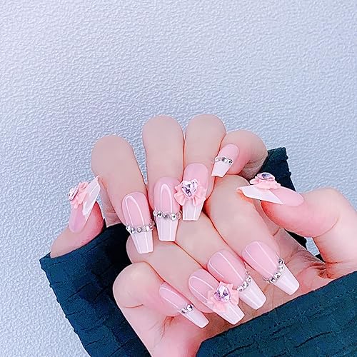 Miniatura 4 de Uñas postizas a presión, uñas francesas a presión, uñas postizas medianas y largas, uñas postizas bonitasencantadoras, uñas acrílicas con lazo 3D,
