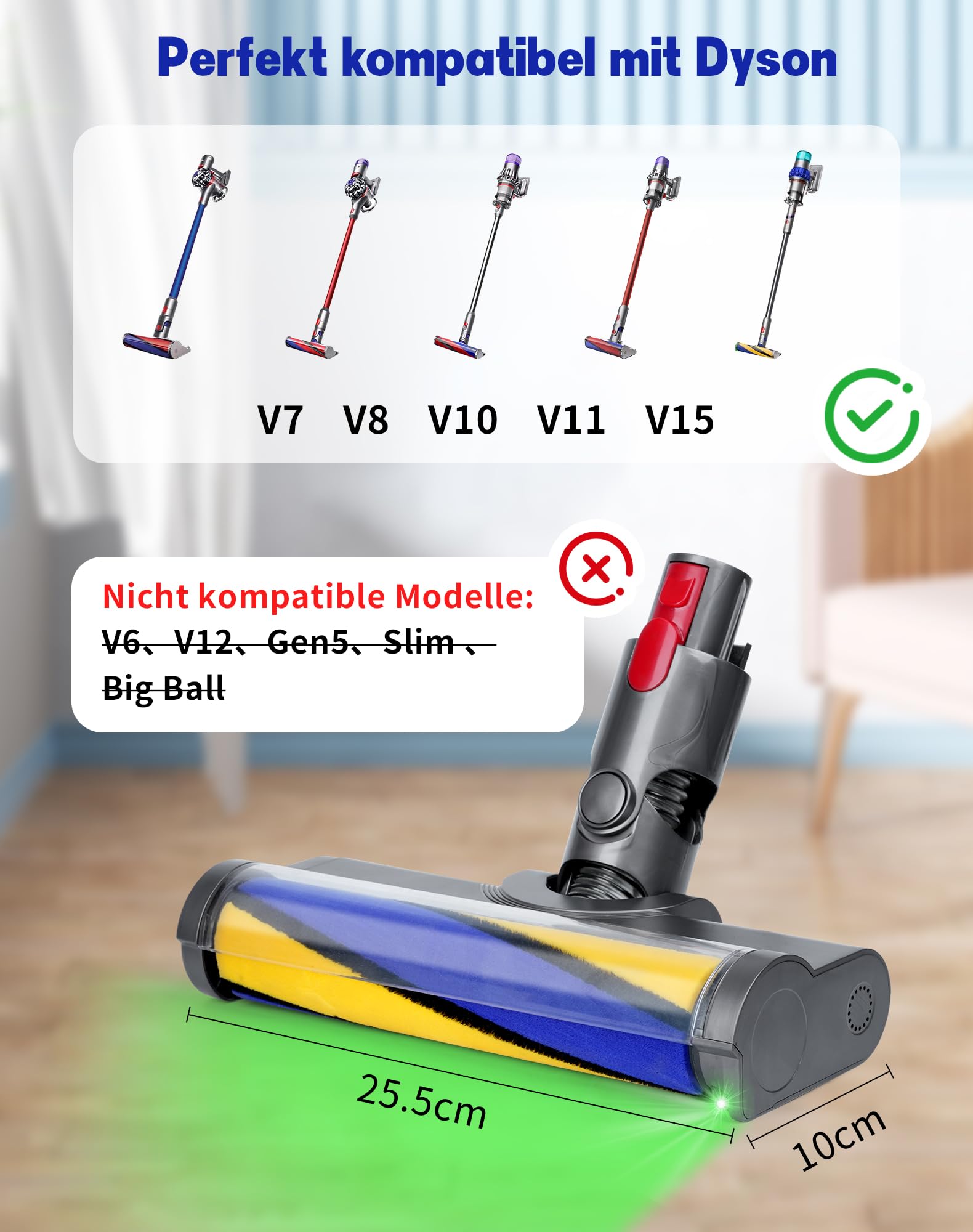 Ersatzteile Bürste für Dyson V7 V8 V10 V11 V15 Staubsauger Zubehör Bodendüse für Dyson Aufsatz mit LED-Leuchte Softwalze Ersatzbürste für Hartböden