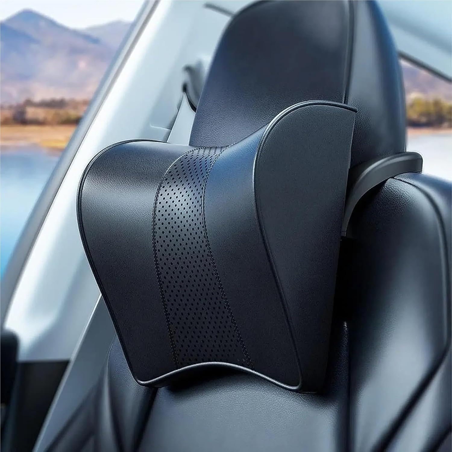 Car Neck Pillow Compatible For Tesla Model 3 Y Interior Memory Foam Adjustable Ergonomic Design Auto Headrest Pillow Neck Support Cushion(PU Leather black)