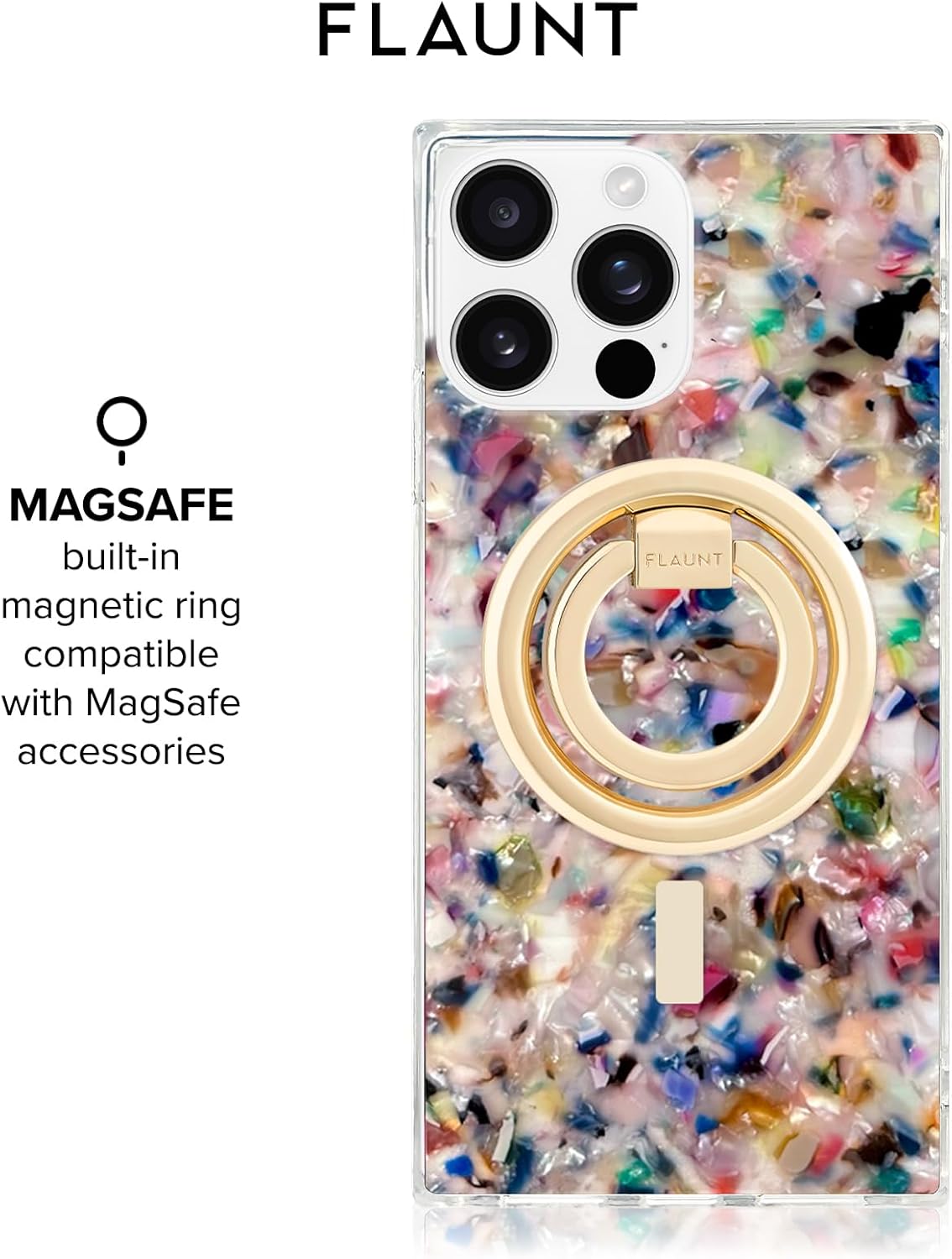 Flaunt Official Square Protective Case - Compatible with iPhone 16 Pro - Compatible with MagSafe & Wireless Charging - Drop-Tested & Shockproof - (Rainbow Confetti Tortoise Shell)