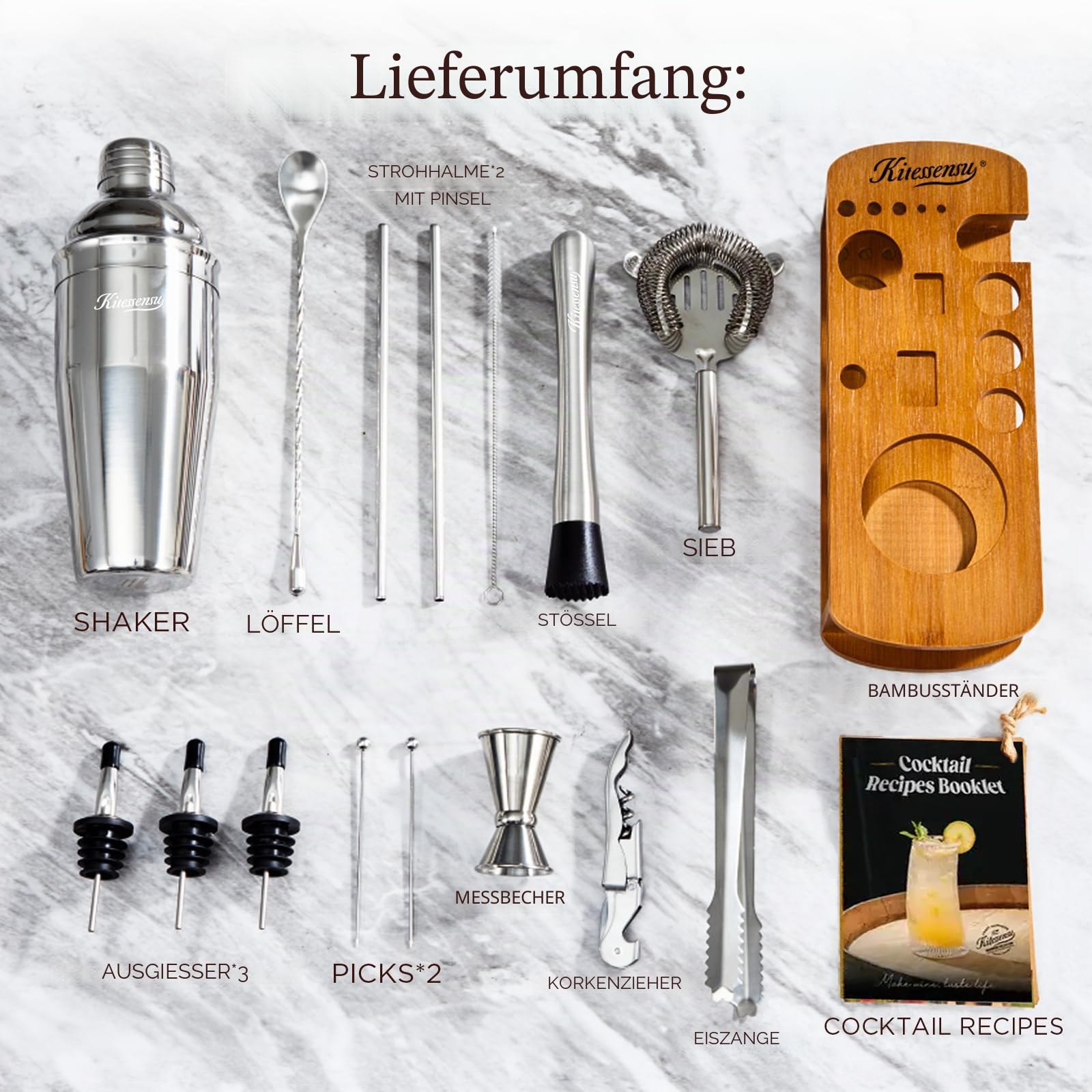 KITESSENSU Cocktail Shaker Set Barkeeper-Set mit Ständer – 18/8 Edelstahl Cocktailshaker, inklusive Martini Shaker, Jigger, Sieb, Mixlöffel, Stößel, Schnapsgießer, Bambus-Ständer – Silber