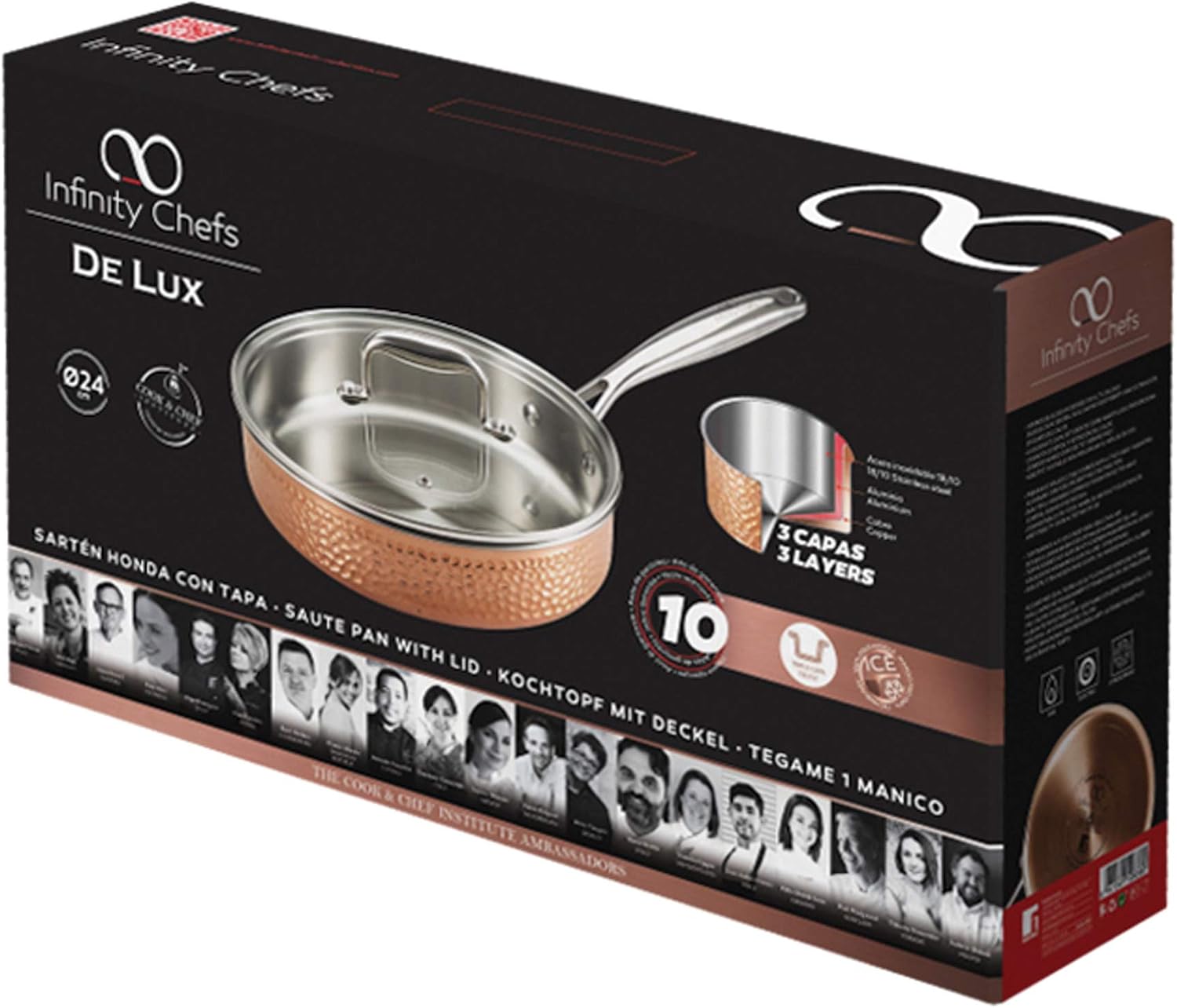 Bergner BGIC-3661 Infinity Chefs De Lux 24 cm Copper Tri-Ply Saute Pan with Glass Lid | Stainless Steel | Copper Hammer Finish