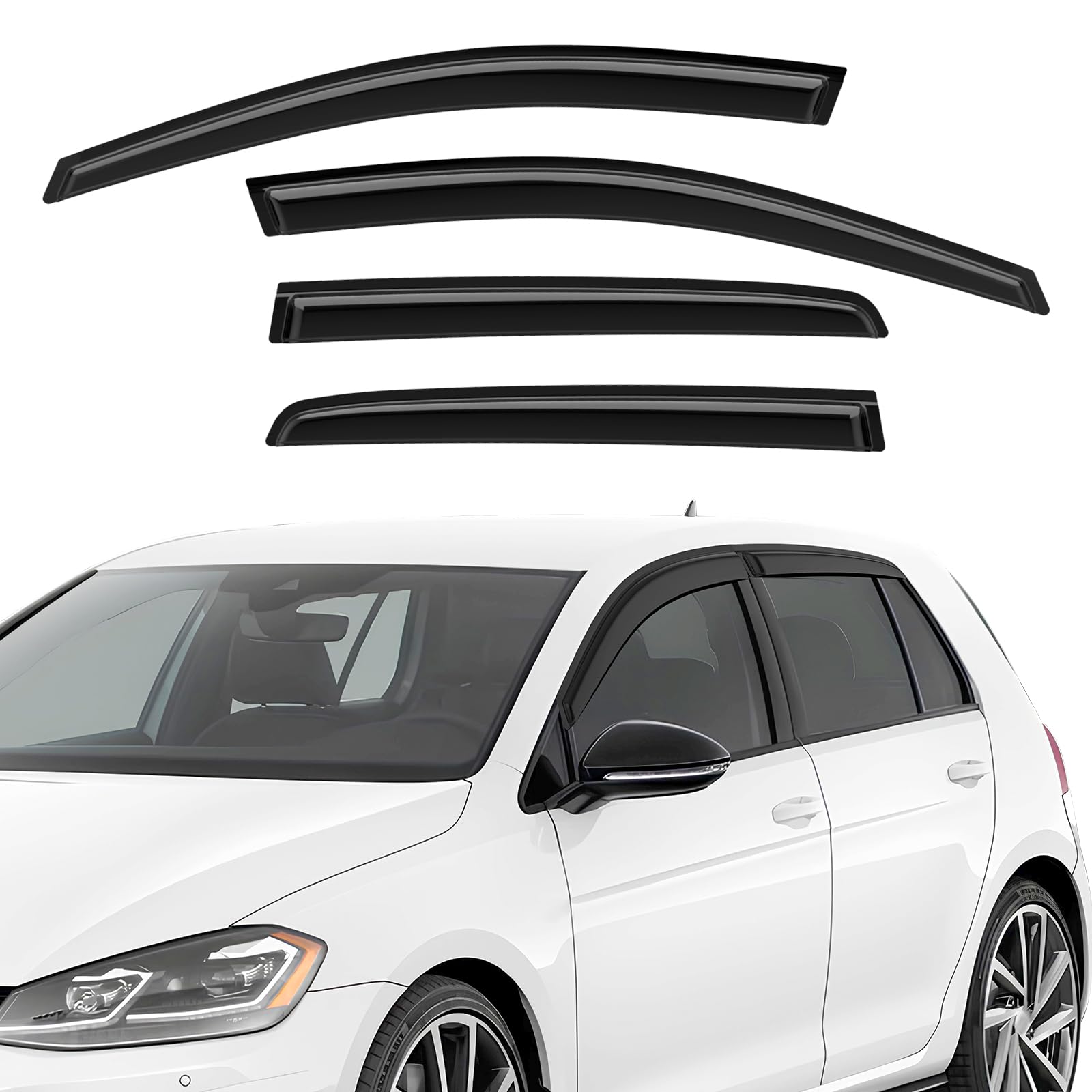 GEARMONSTER Deflectores de viento compatibles con VW Golf 7 / VII 2014-2020, autoadhesivos, protector de lluvia para ventanas de coche, tape-on, 4 piezas, negro
